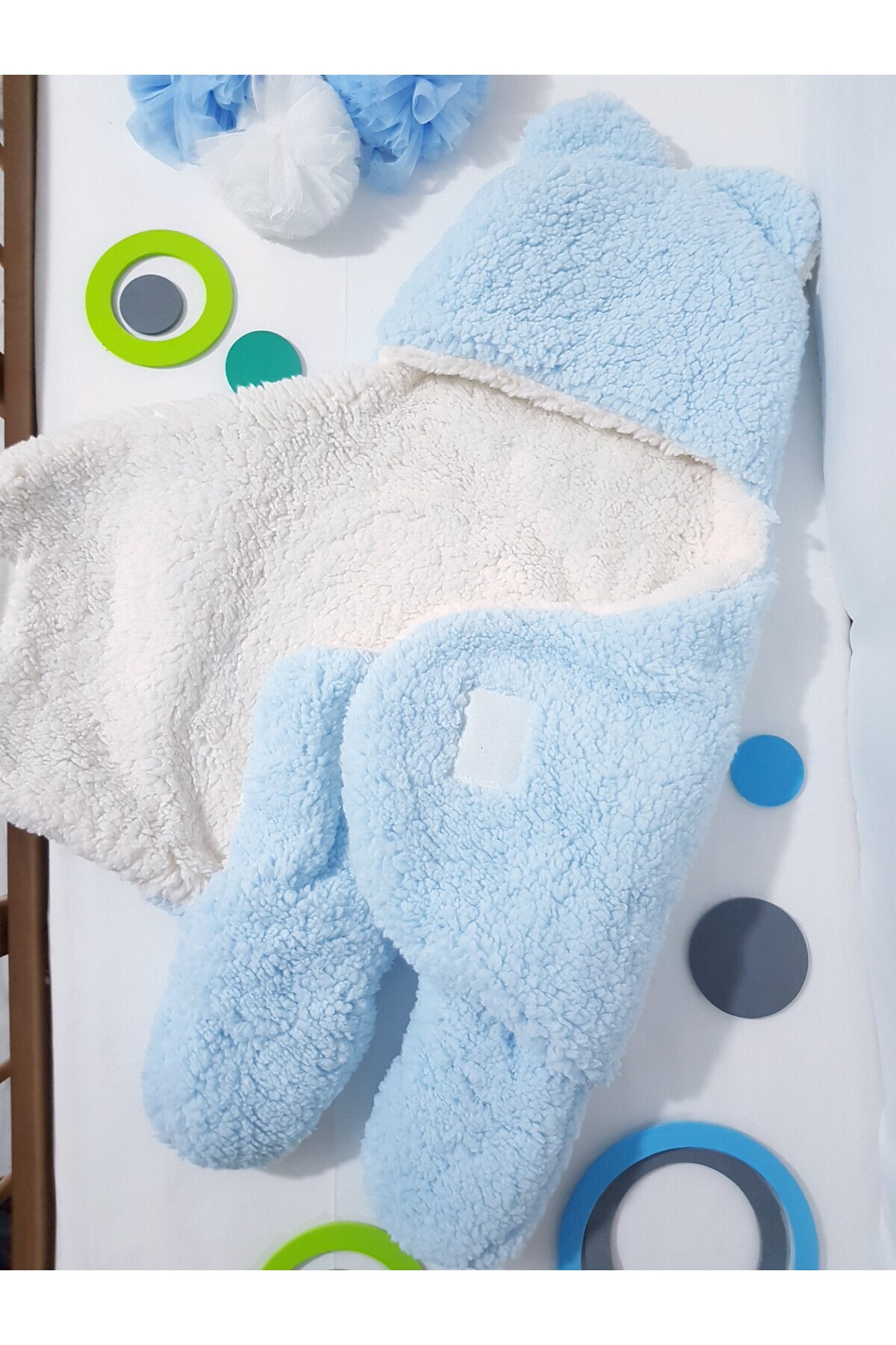 Baby Clime Bebek Dış Kundak Uyku Tulumu Mavi - Pelüş Kapüşonlu Çift Katman Ayaklı Model fotoğrafı 7 (önizleme)