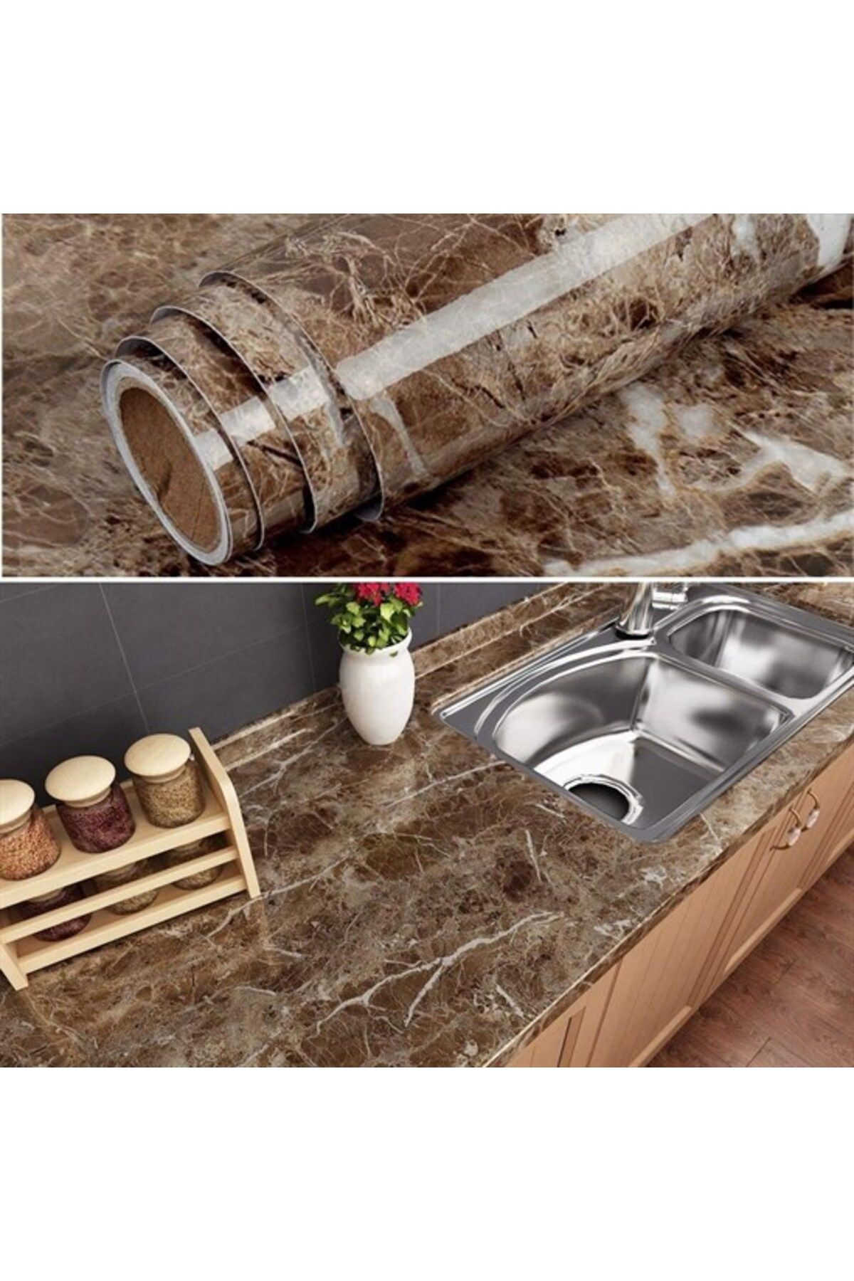 YILTER-Waterproof Kitchen Counter with Marble Pattern - Adhesive Foil Sticker, Brown - Ylt8992-3961 1