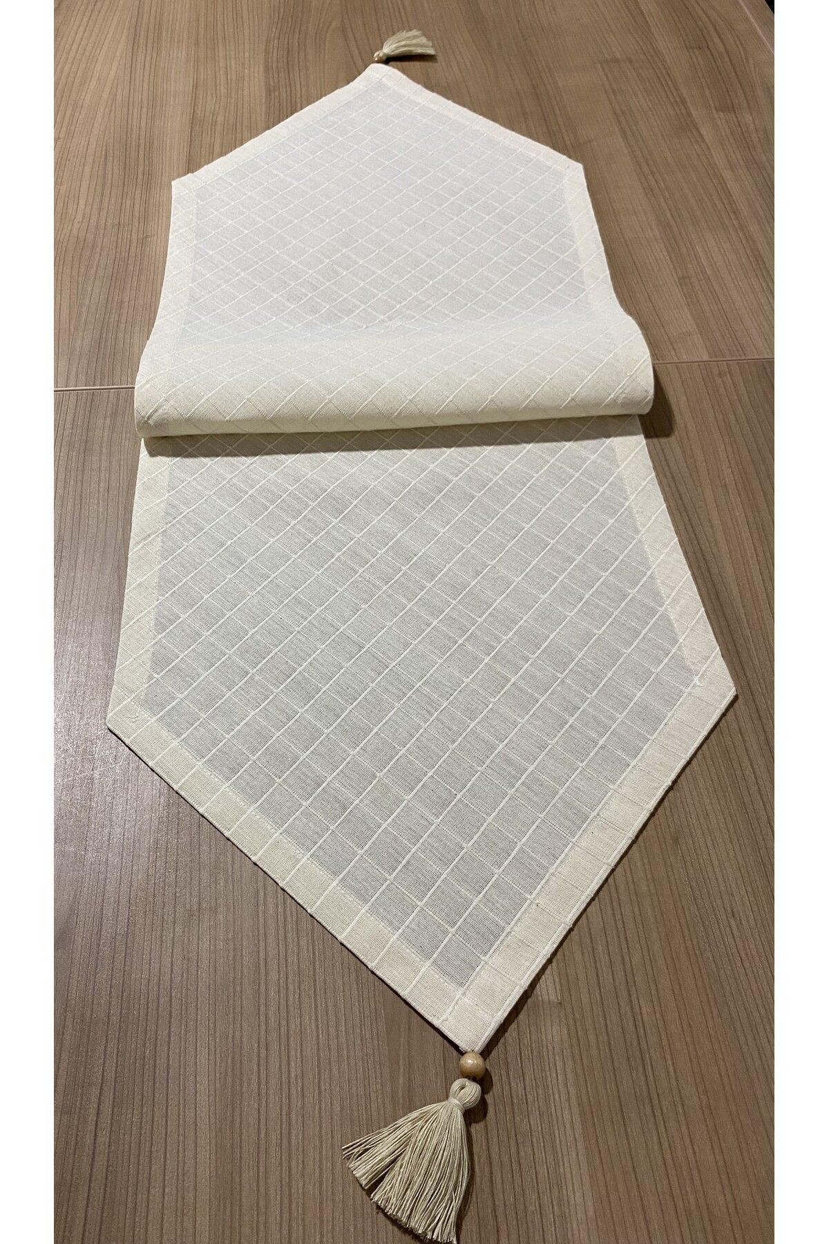 LILYUM-Square Patterned Raw Linen Runner 35X100 cm 3