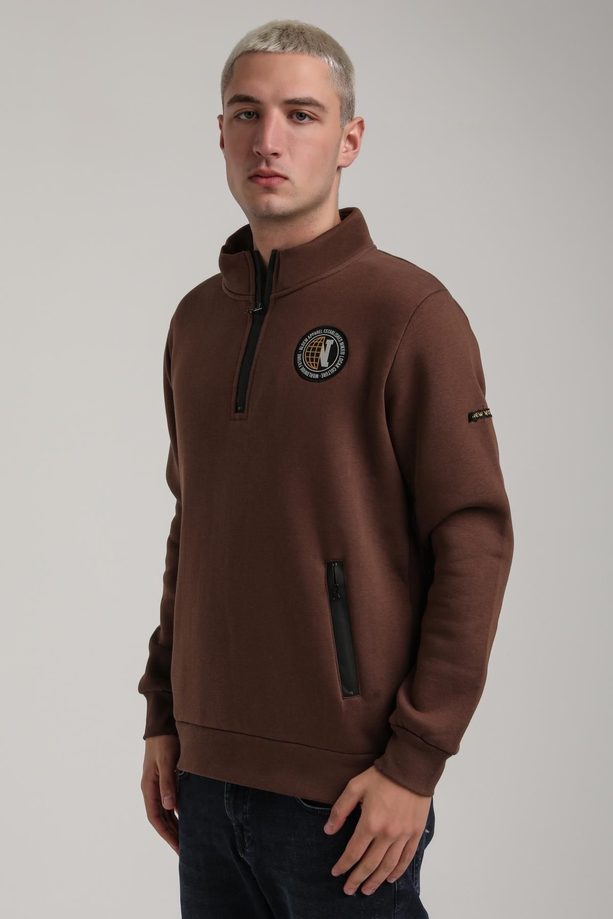 NEW WORLD POLO-Stand Collar Brown Slim Fit Full-Zip Sweatshirt 24Fwm64083 3