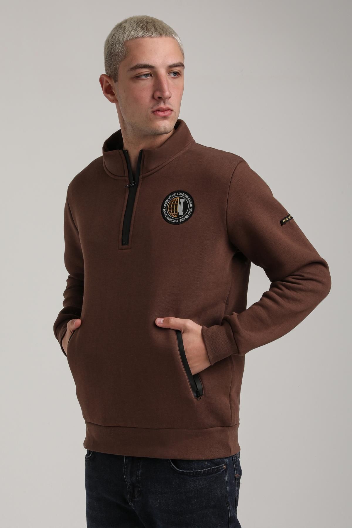 NEW WORLD POLO-Stand Collar Brown Slim Fit Full-Zip Sweatshirt 24Fwm64083 6