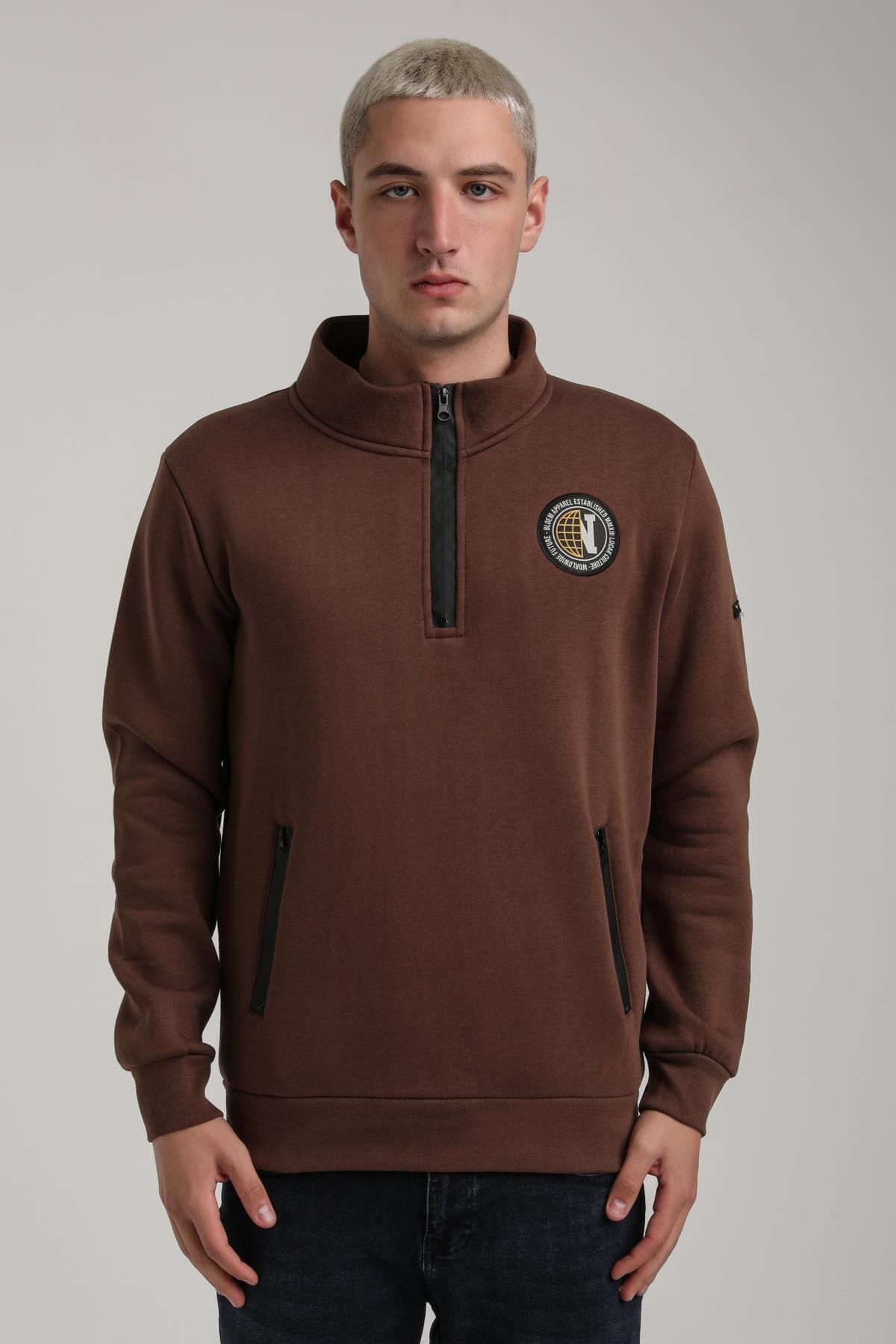 NEW WORLD POLO-Stand Collar Brown Slim Fit Full-Zip Sweatshirt 24Fwm64083 2