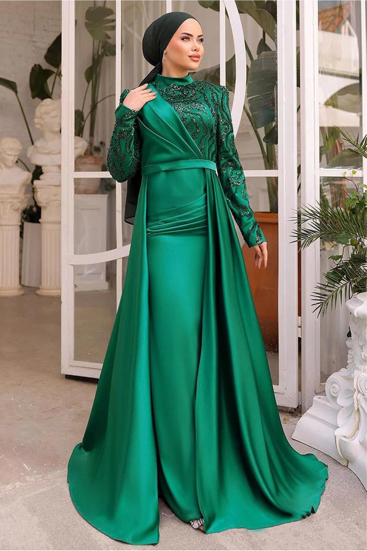 TRENDTESETTÜR-WOMEN'S GREEN (ZEMRUT) PUL SEQUINED EVENING DRESS T 0734 1