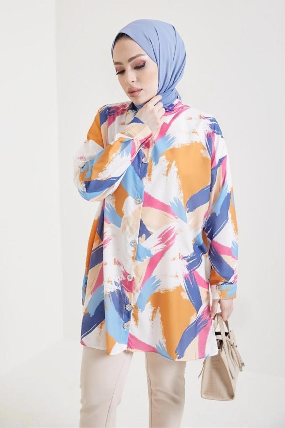 TRENDTESETTÜR-Tunica de dama cu model din bumbac albastru - T 0888-3 2