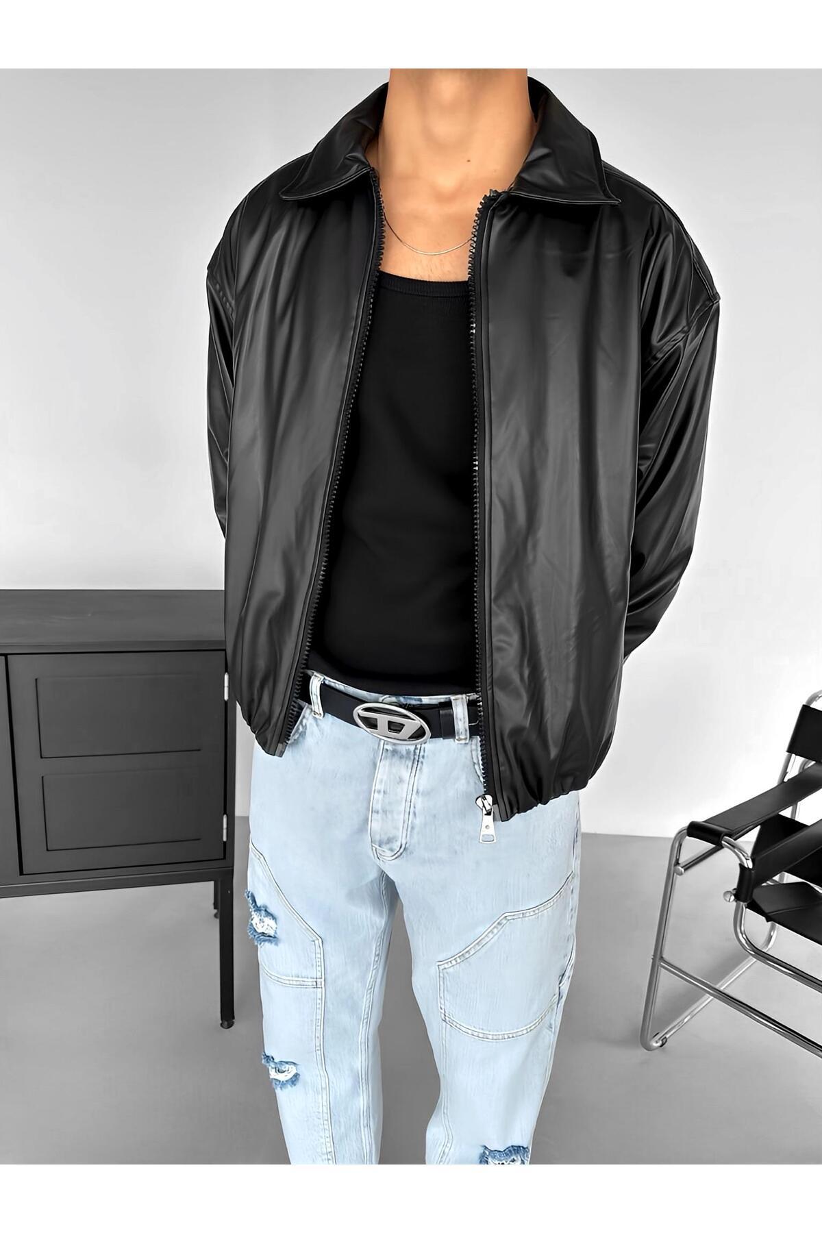 ablukaonline Men's Oversize Basic Leather Jacket Black - Trendyol