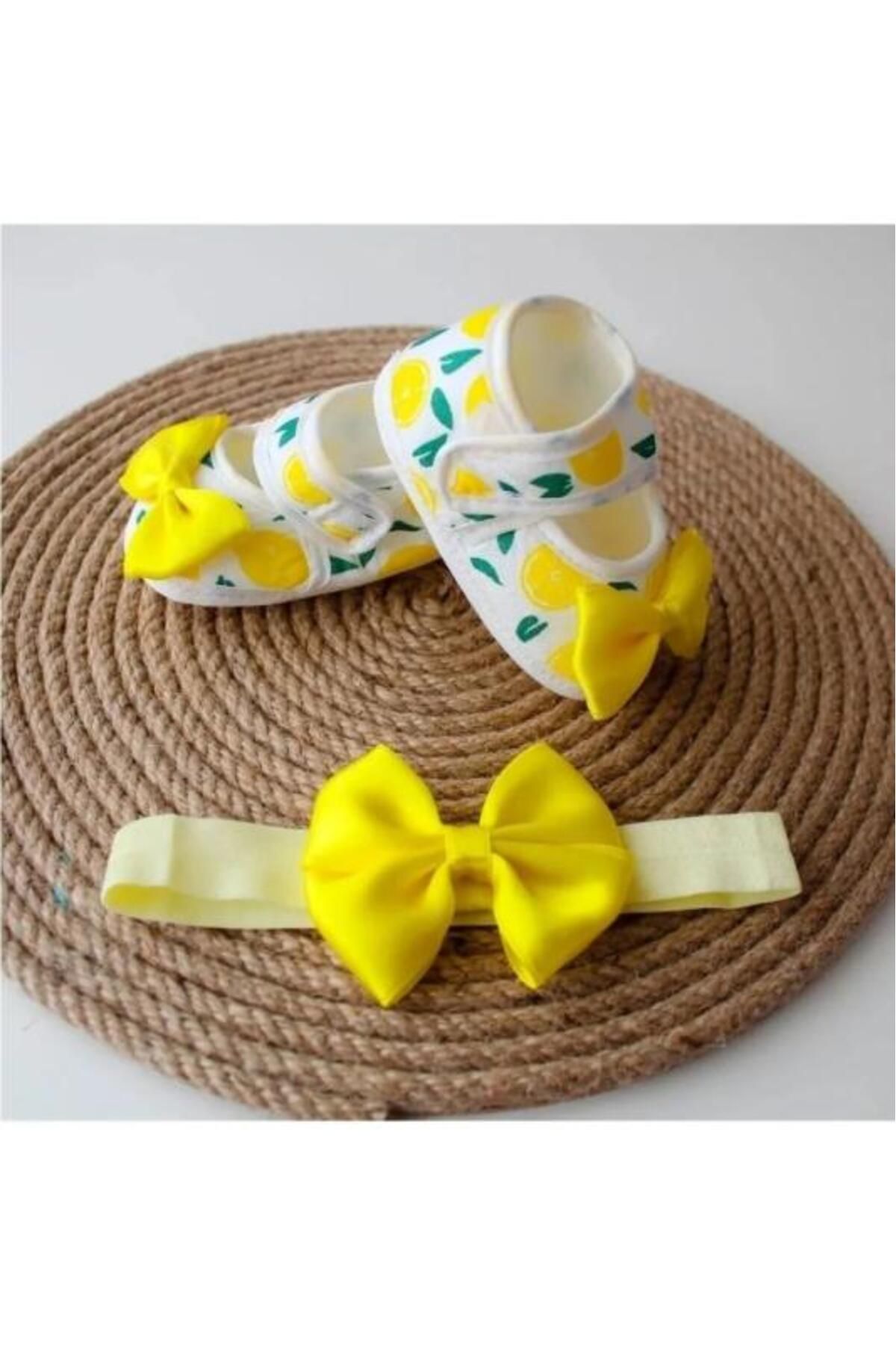 VaVbaby-Lemon Patterned Baby Girl Booties and Bandana Set - 0-6 Months, Soft Sole, Cute and Comfortable 1