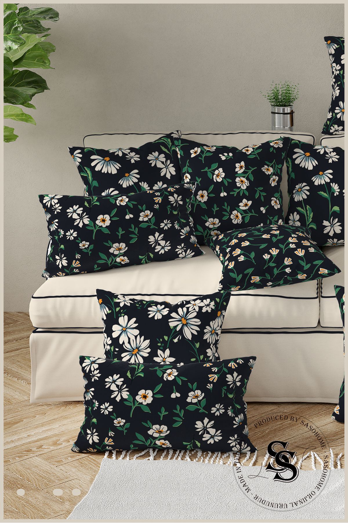 SasoHome-White Spring Daisies Patterned 2-Piece Rectangle Throw Pillow Cover 3