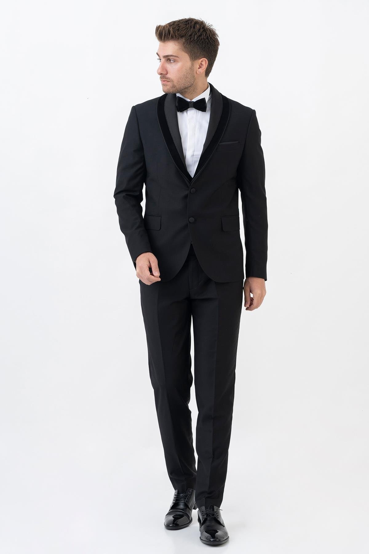 White Stone Mexican D112 Shawl Collar Slim Fit Groom Suit Black