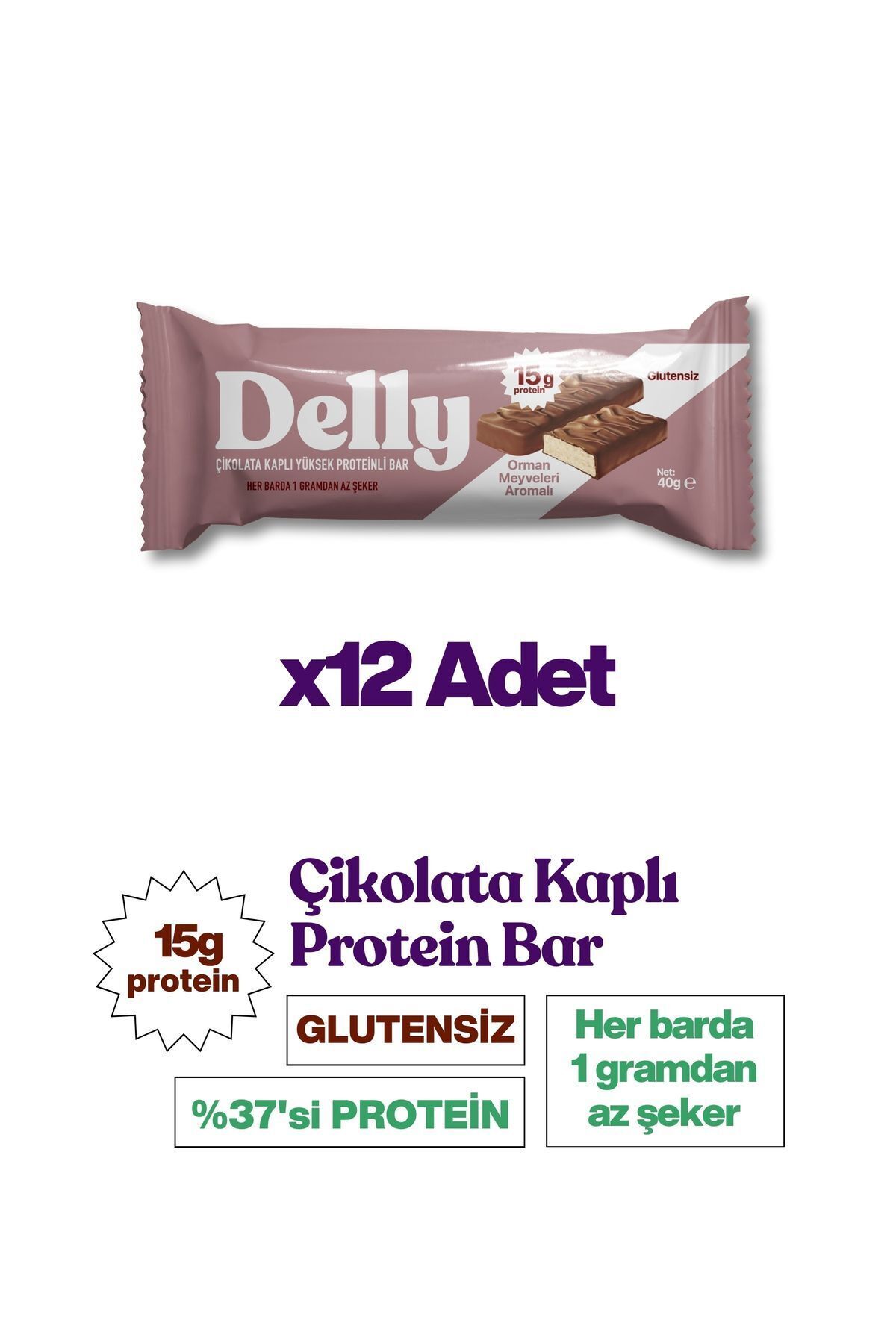 Delly 12 Adet Çikolata Kaplı, Yüksek Proteinli Bar, Orman Meyveleri Aromalı 40g