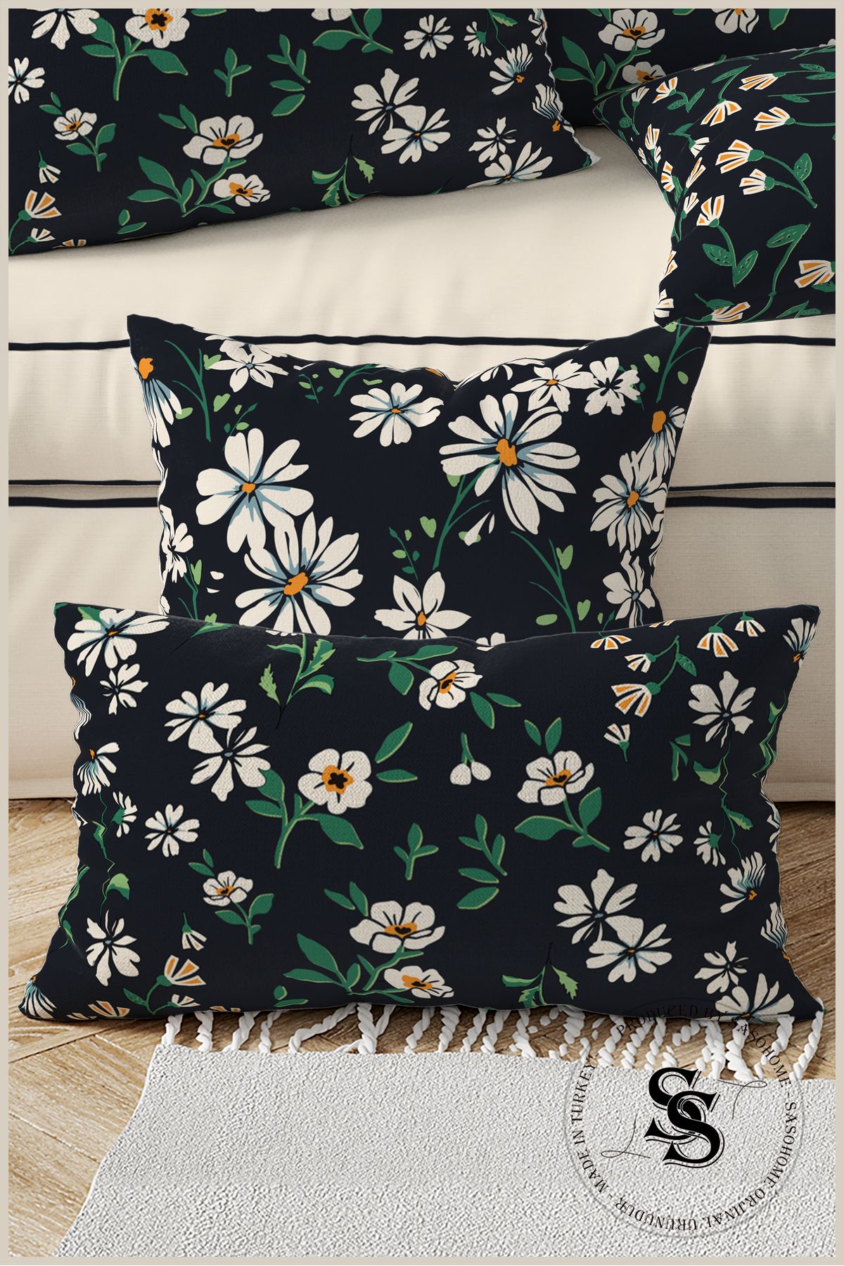 SasoHome-White Spring Daisies Patterned 2-Piece Rectangle Throw Pillow Cover 2