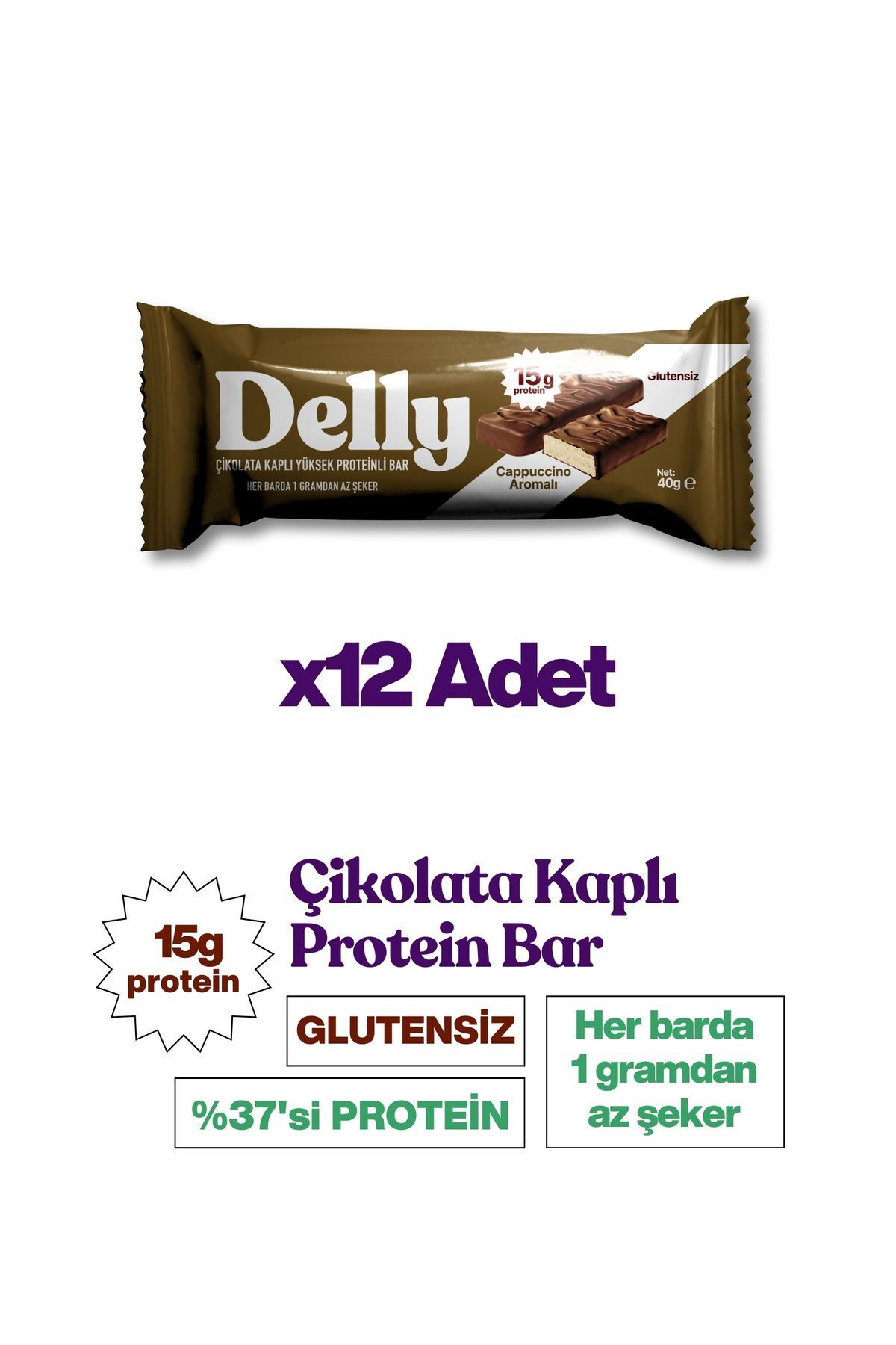 Delly 12 Adet Çikolata Kaplı, Yüksek Proteinli Bar, Cappuccino Aromalı, 40g