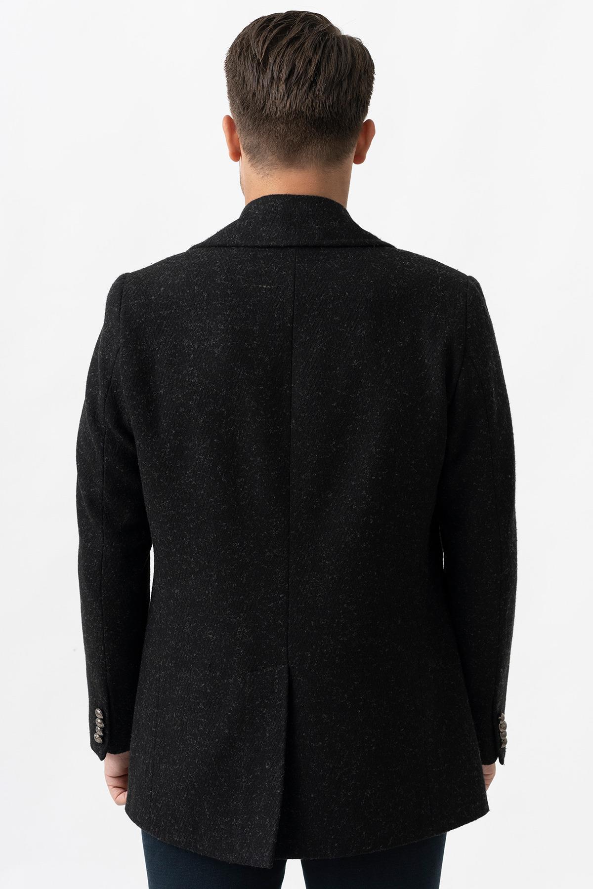 White Stone  Trento K290 Kruvaze Yaka Slim Fit Pamuklu Kaban Siyah - Görsel 6