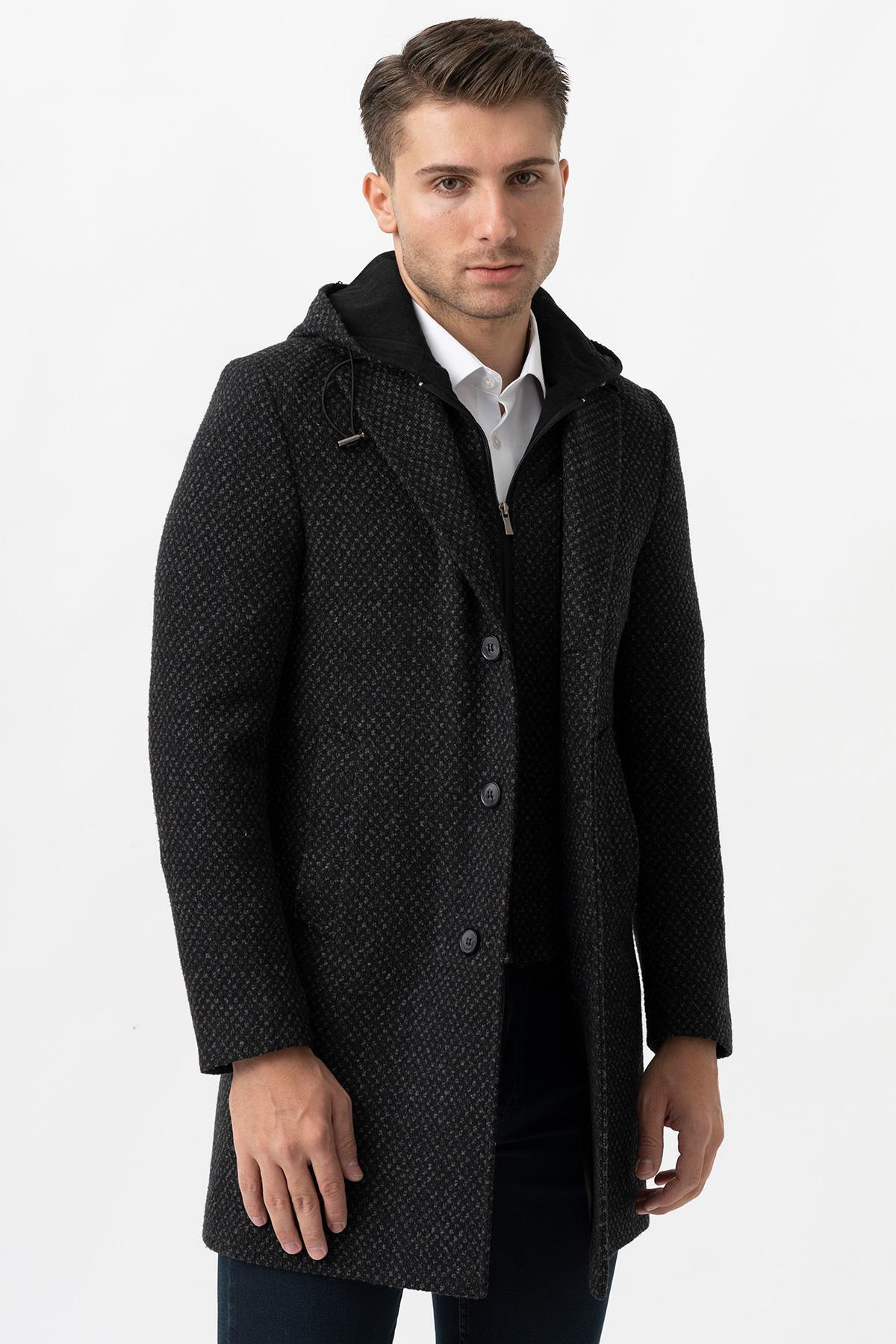 White Stone Ancona 4024 Slim Fit Kapüşonlu Ceket Yaka Pamuklu Kaban Siyah görsel 3
