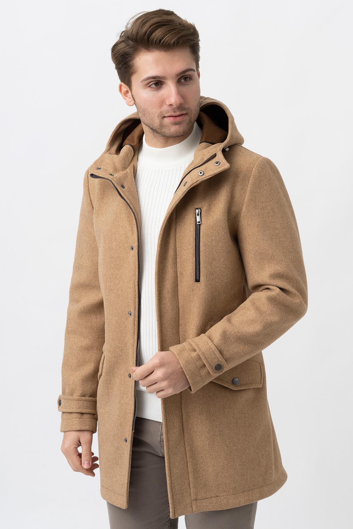 Bej Slim Fit Kapüşonlu Fermuar Kapamalı Cepli Kaşe Kaban — بژ WS24K242401 — تصویر 6 از 7