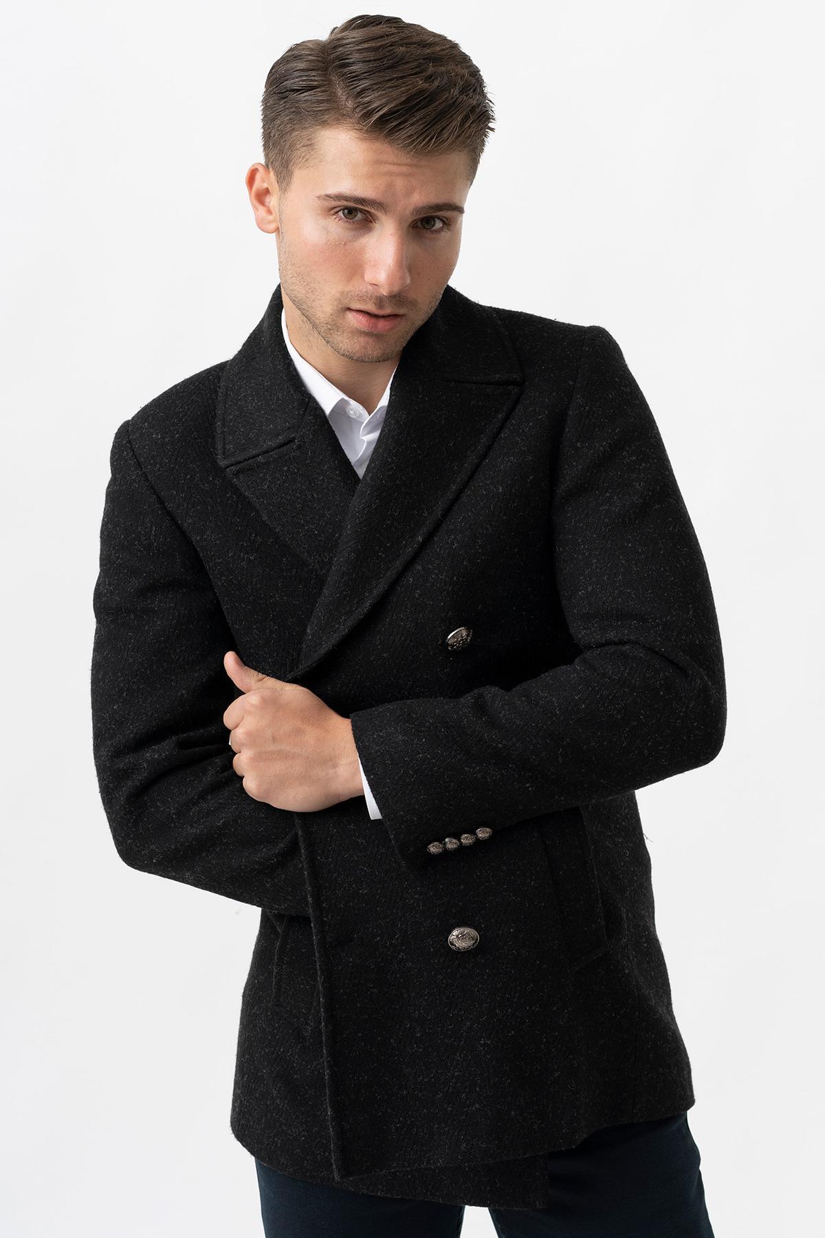 White Stone  Trento K290 Kruvaze Yaka Slim Fit Pamuklu Kaban Siyah - Görsel 5