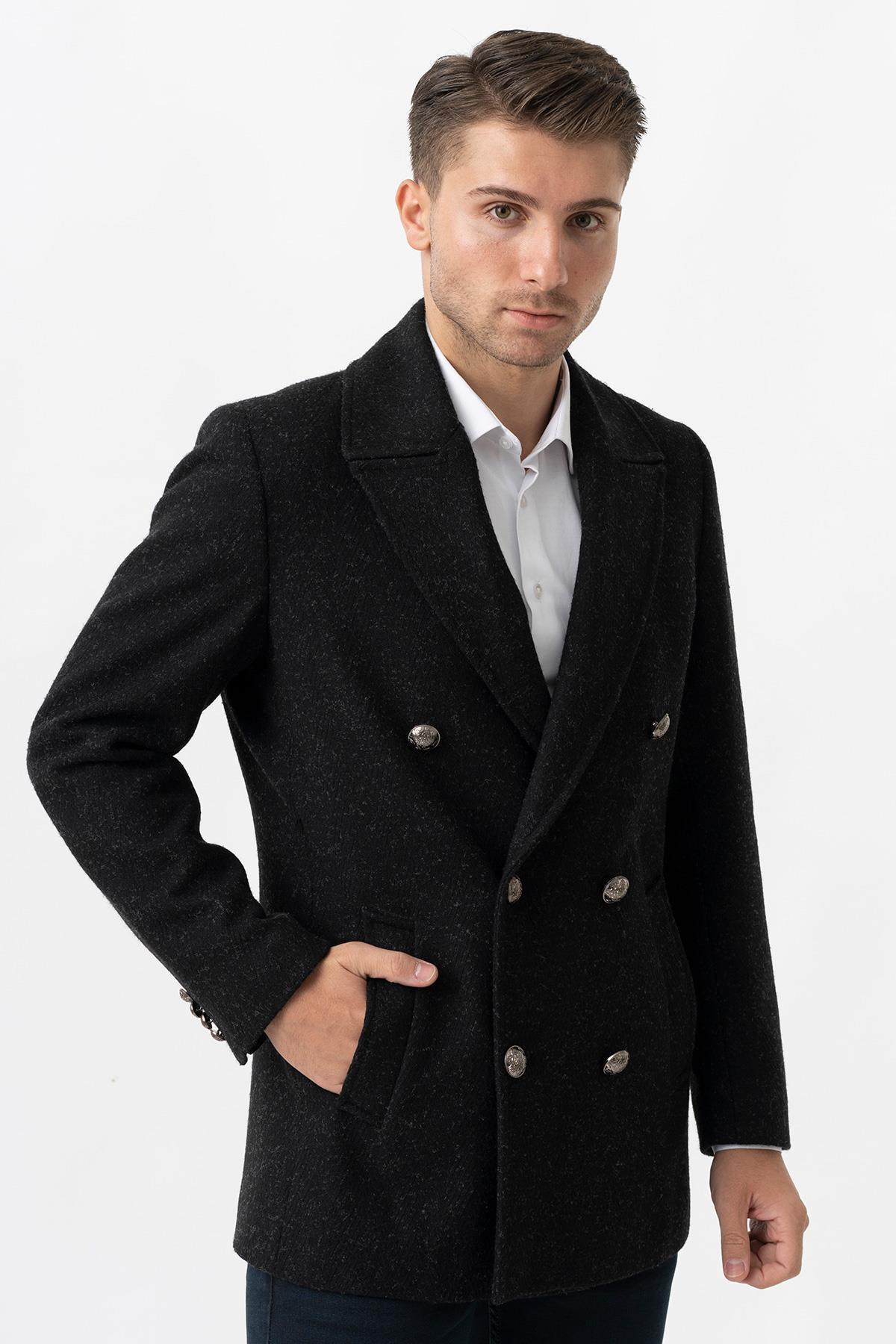 White Stone  Trento K290 Kruvaze Yaka Slim Fit Pamuklu Kaban Siyah - Görsel 2