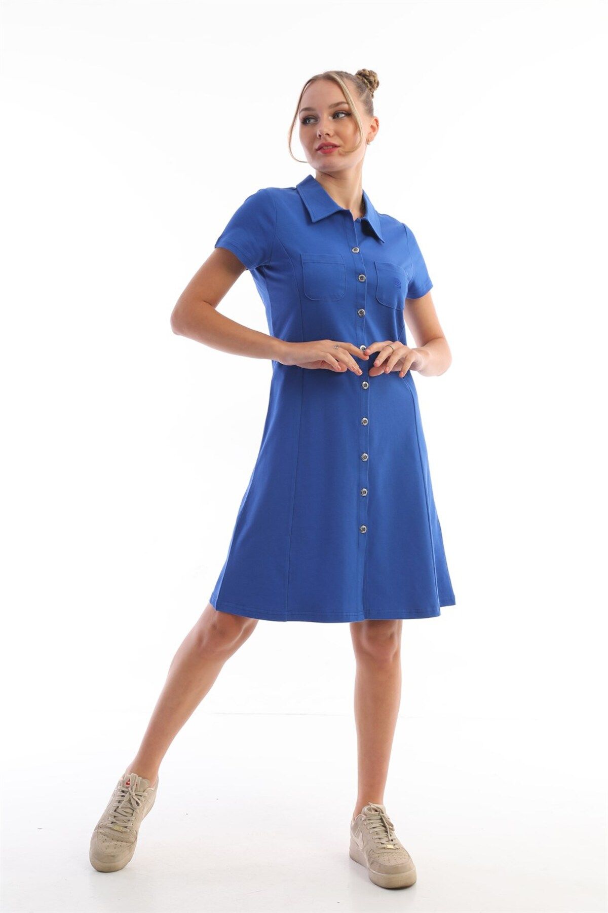 Edelle-Polo Neck Saks Blue Slim Fit Cotton Women's Dress - Short Sleeve Pique 2