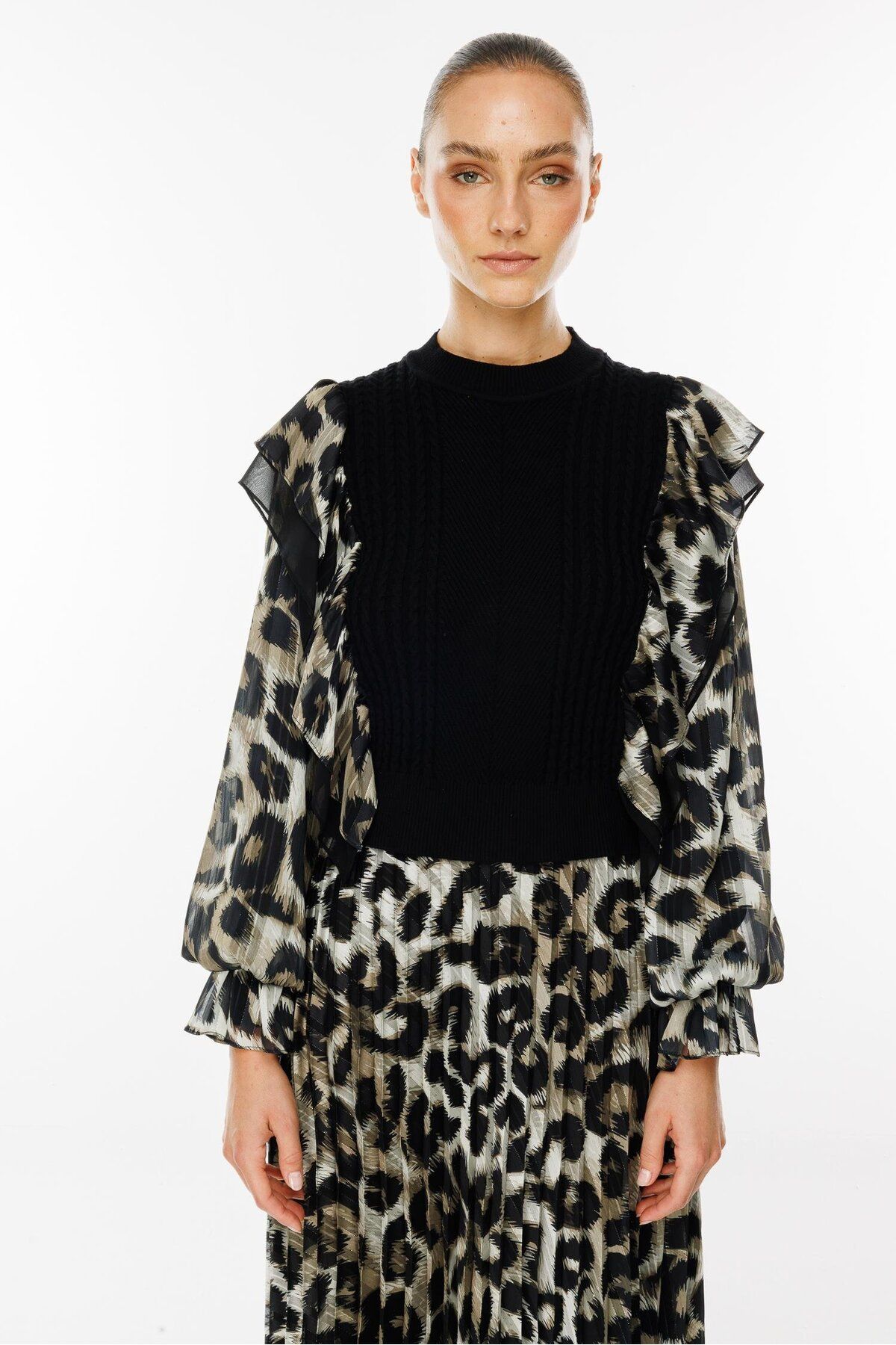 Moda İlgi-Khaki Knitwear Blouse - Chiffon Leopard Print, Fashionable Sleeves 6