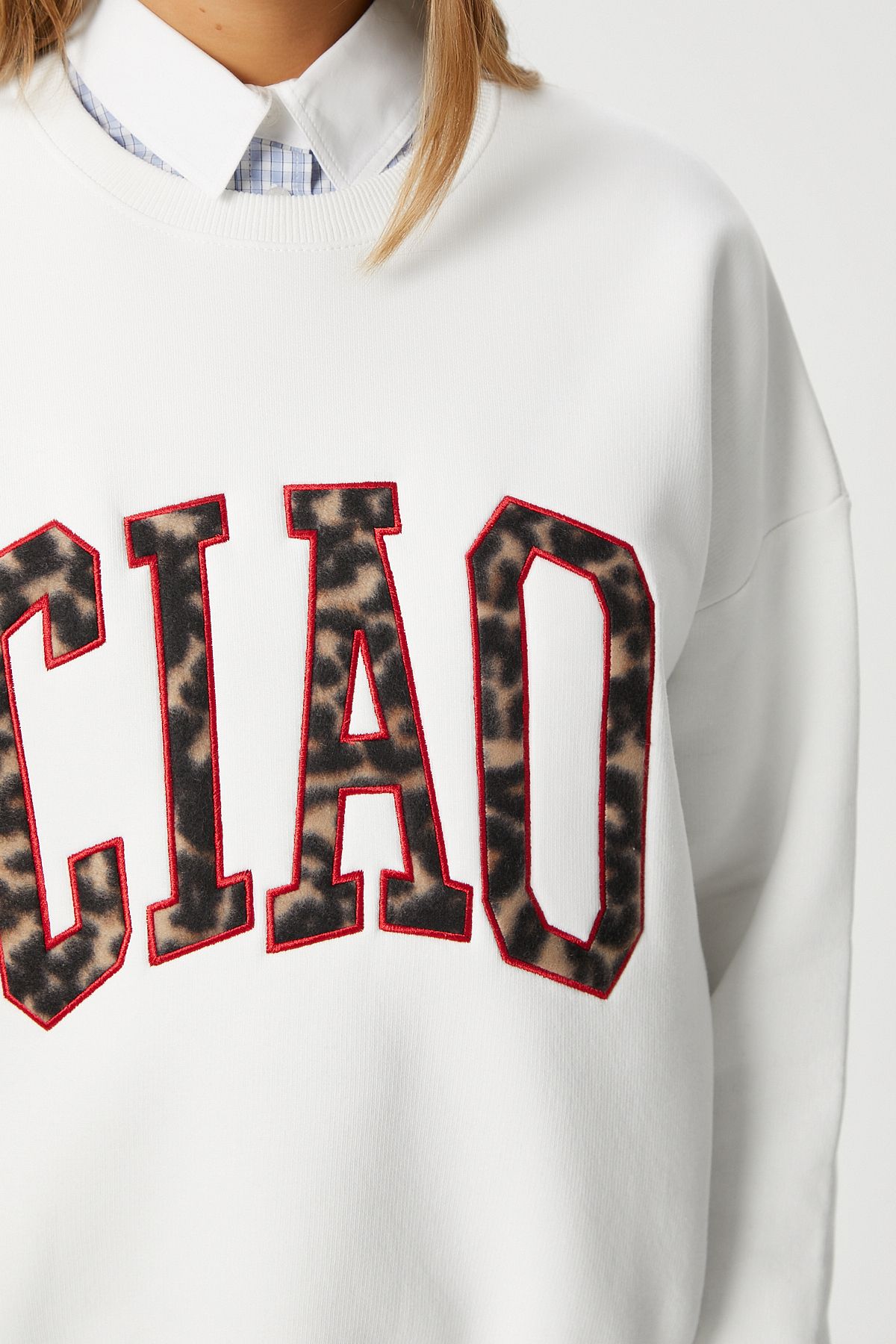 Ritnice-Γυναικείο μπλουζάκι Ciao Embroidered Fleece Inside Leopard Ecru Oversize Seeatshirt 5