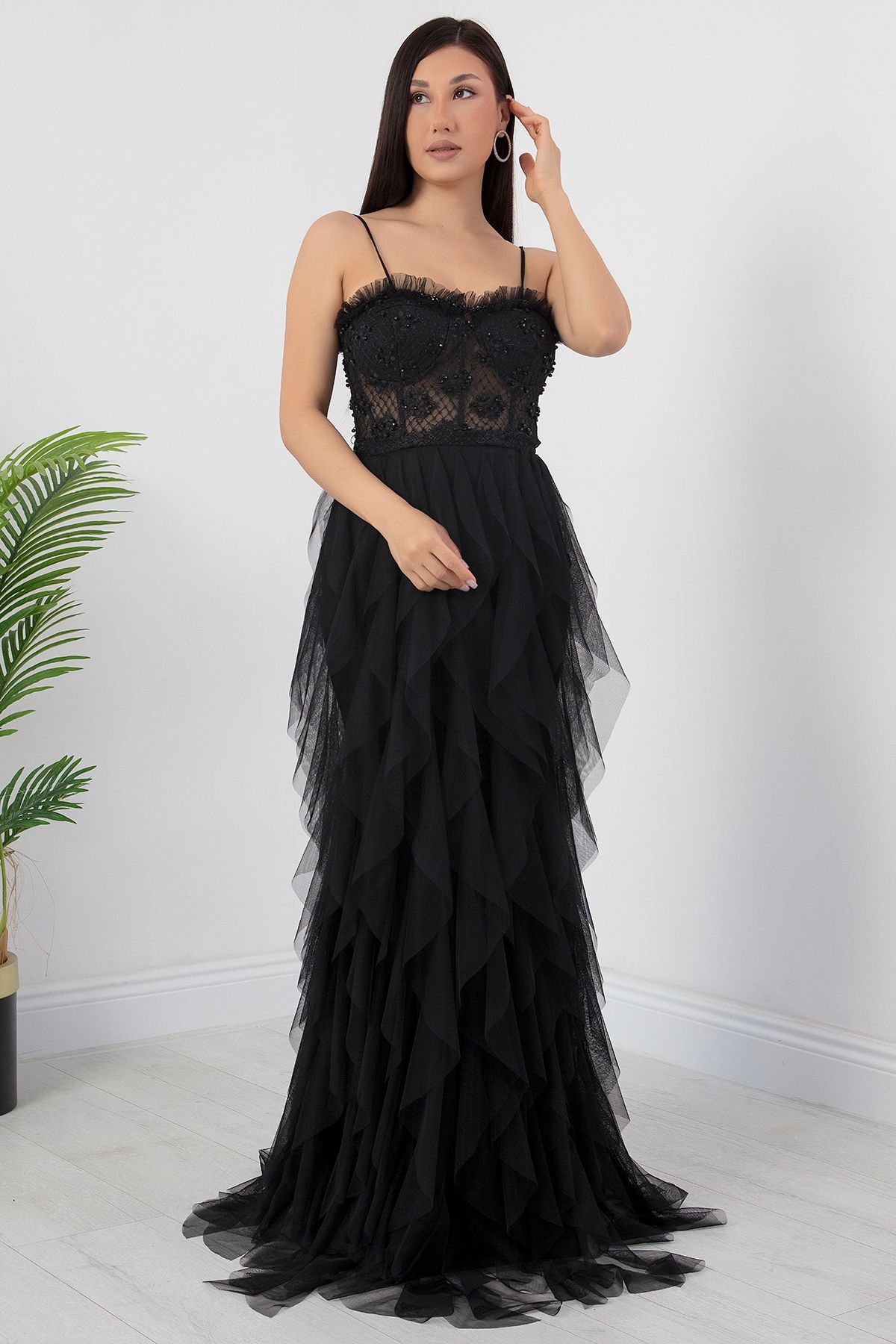 PULLIMM-Beading Detail Straps Tulle Dress Ecr5034 5