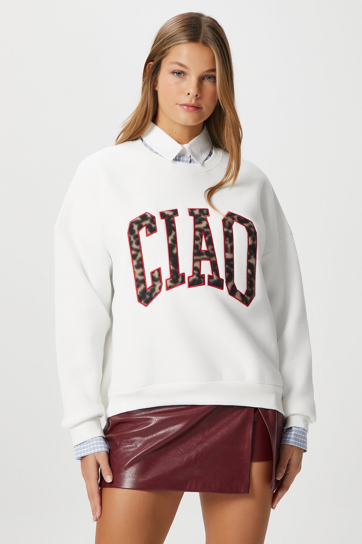 Ritnice-Γυναικείο μπλουζάκι Ciao Embroidered Fleece Inside Leopard Ecru Oversize Seeatshirt 6