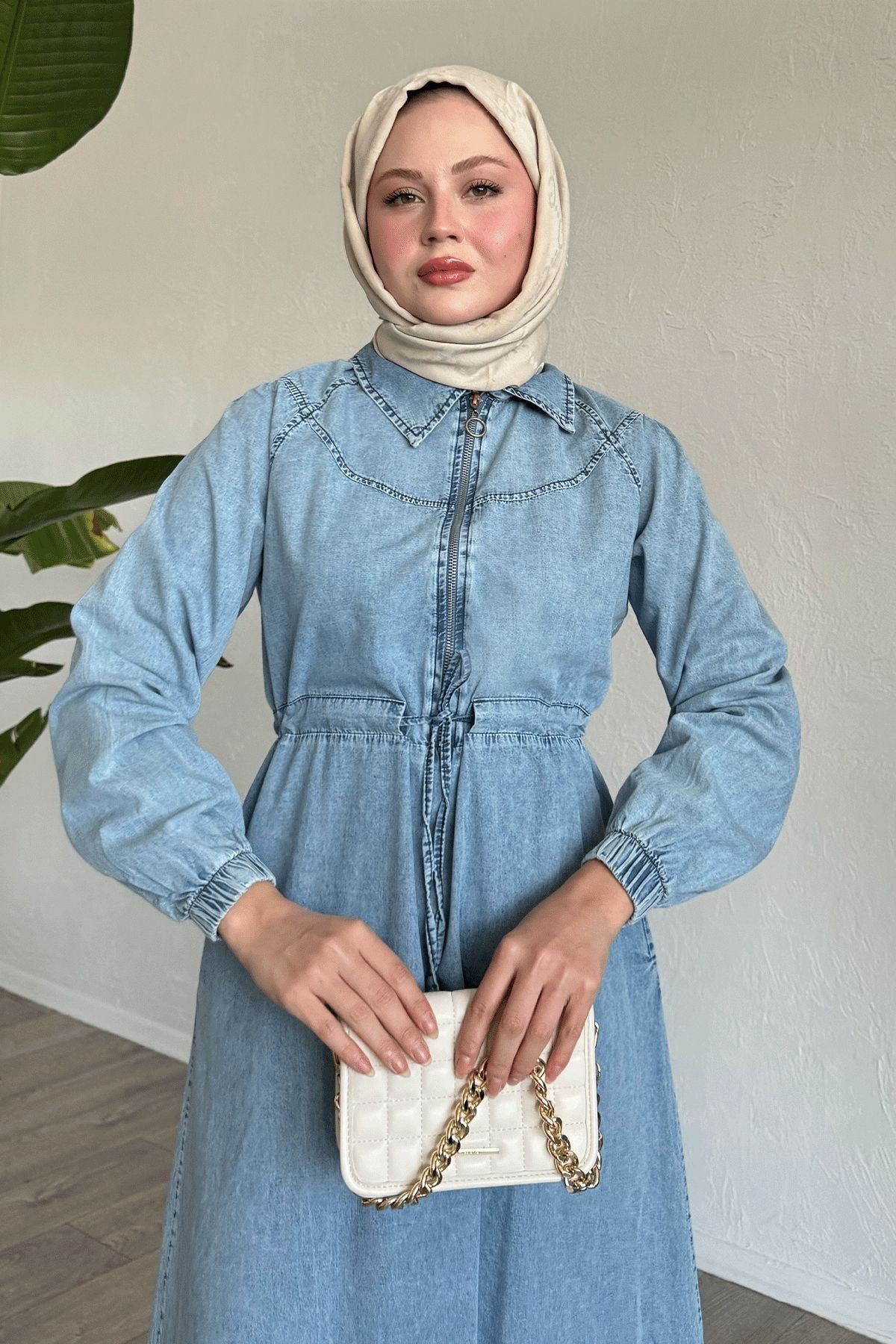 InStyle-Half Zipper Tunnel Belt Blue Denim Dress 3