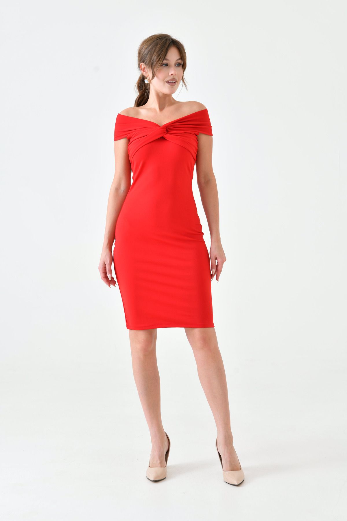 WOMAN VISION-Dehnbares Tauchergewebe für Damen, kurzärmlig, mittellang, rotes Kleid 5038 8