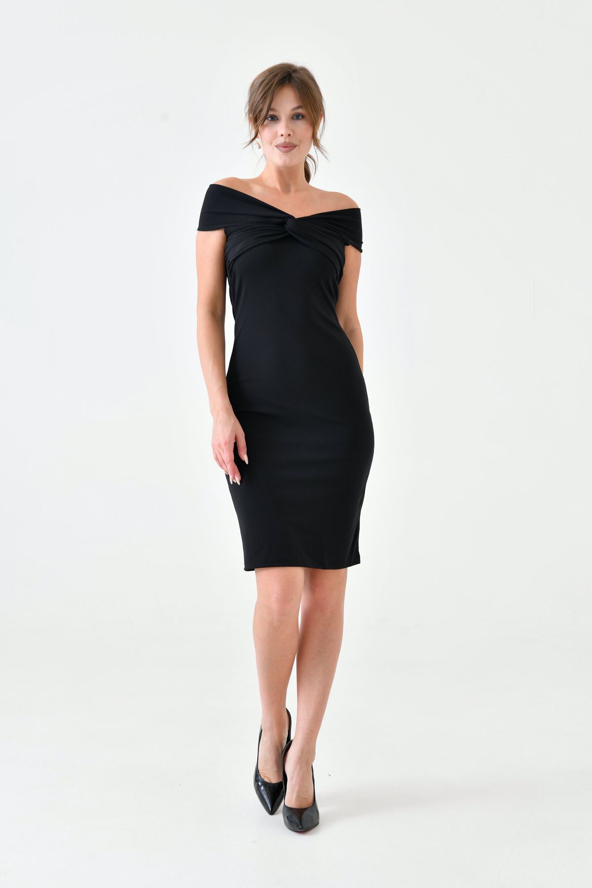 WOMAN VISION-Rochie de damă neagră cu mânecă scurtă din material elastic, lungime midi - 5038 4