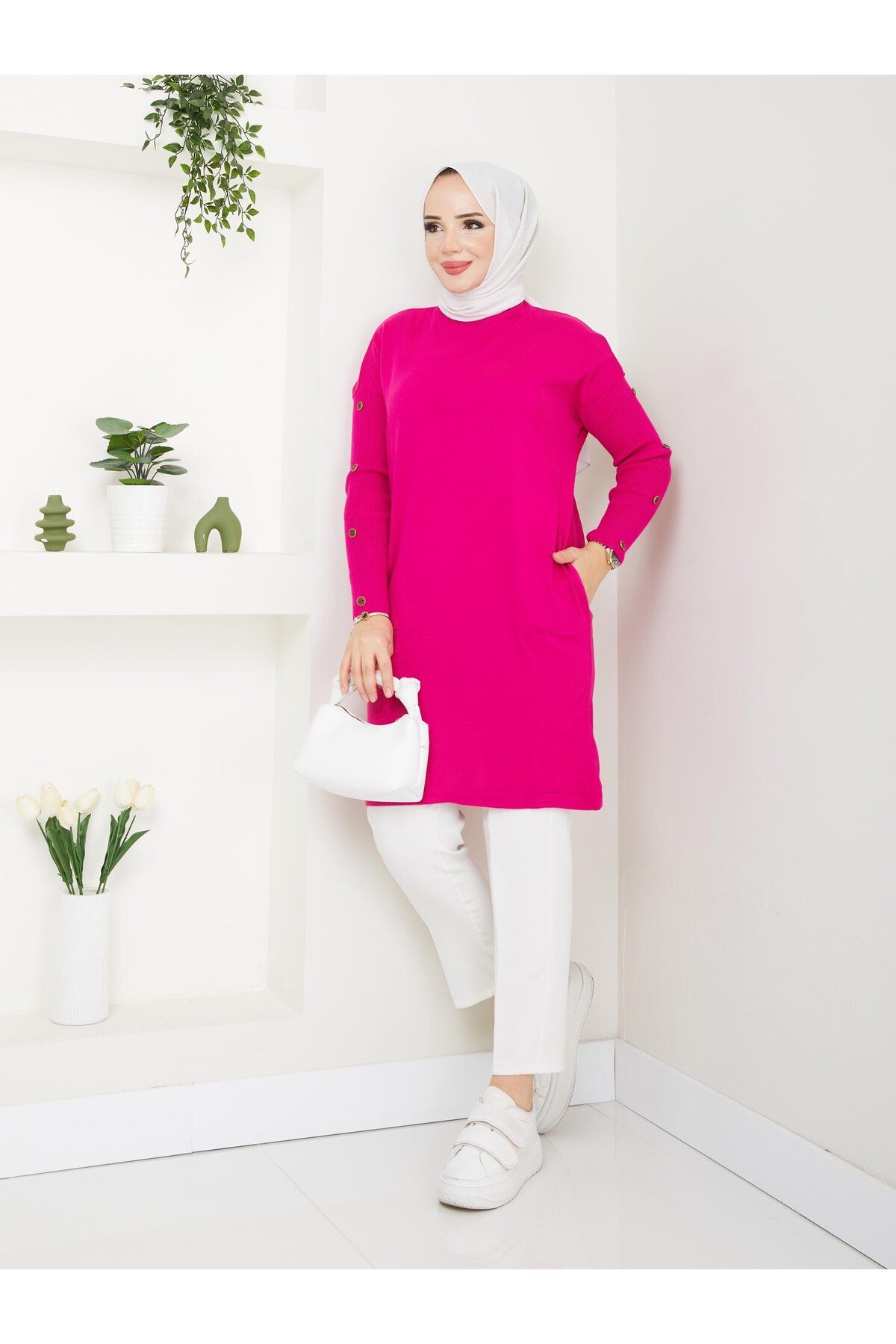 modabef-Long Buttoned Knitwear Tunic - Fuchsia 2129 2