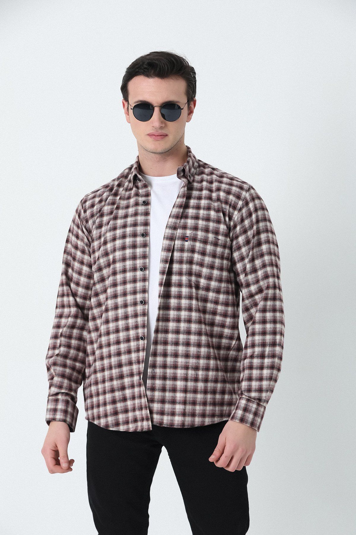 Brothers Cămașă De Flanel Cu Mânecă Lungă, Cu Un Singur Buzunar, Pentru Bărbați, Negru-visiniu Masculin - S