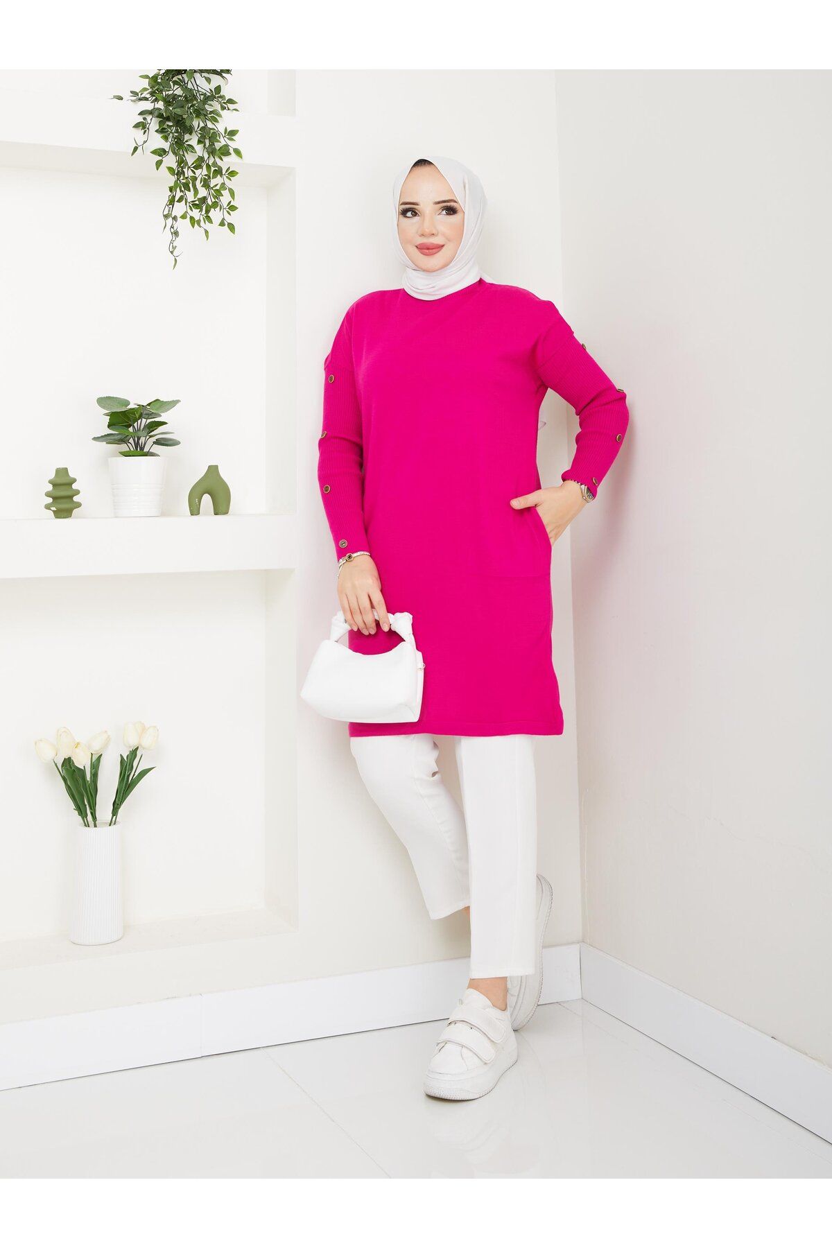 modabef-Long Buttoned Knitwear Tunic - Fuchsia 2129 6