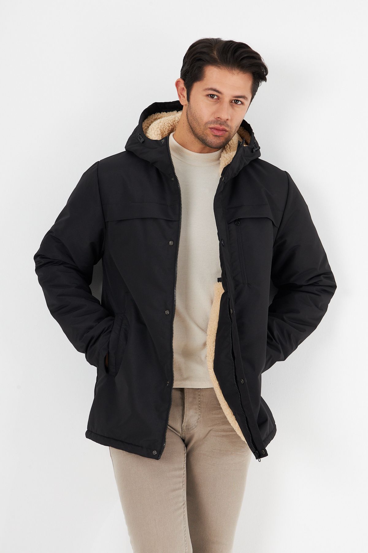 D1fference-Men's Black Sheepskin Hooded Windproof Winter Coat & Coat & Parka 5