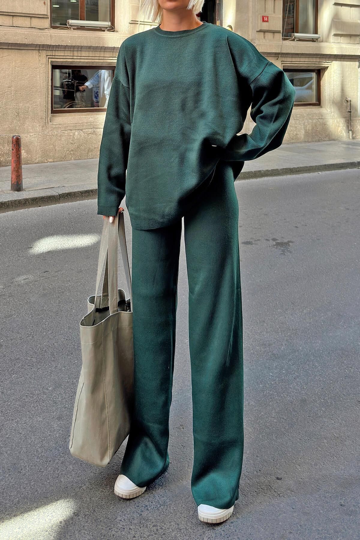 Swist-Green Oversize Sweater and Trousers Set - Crew Neck Knitted Women's Set 4