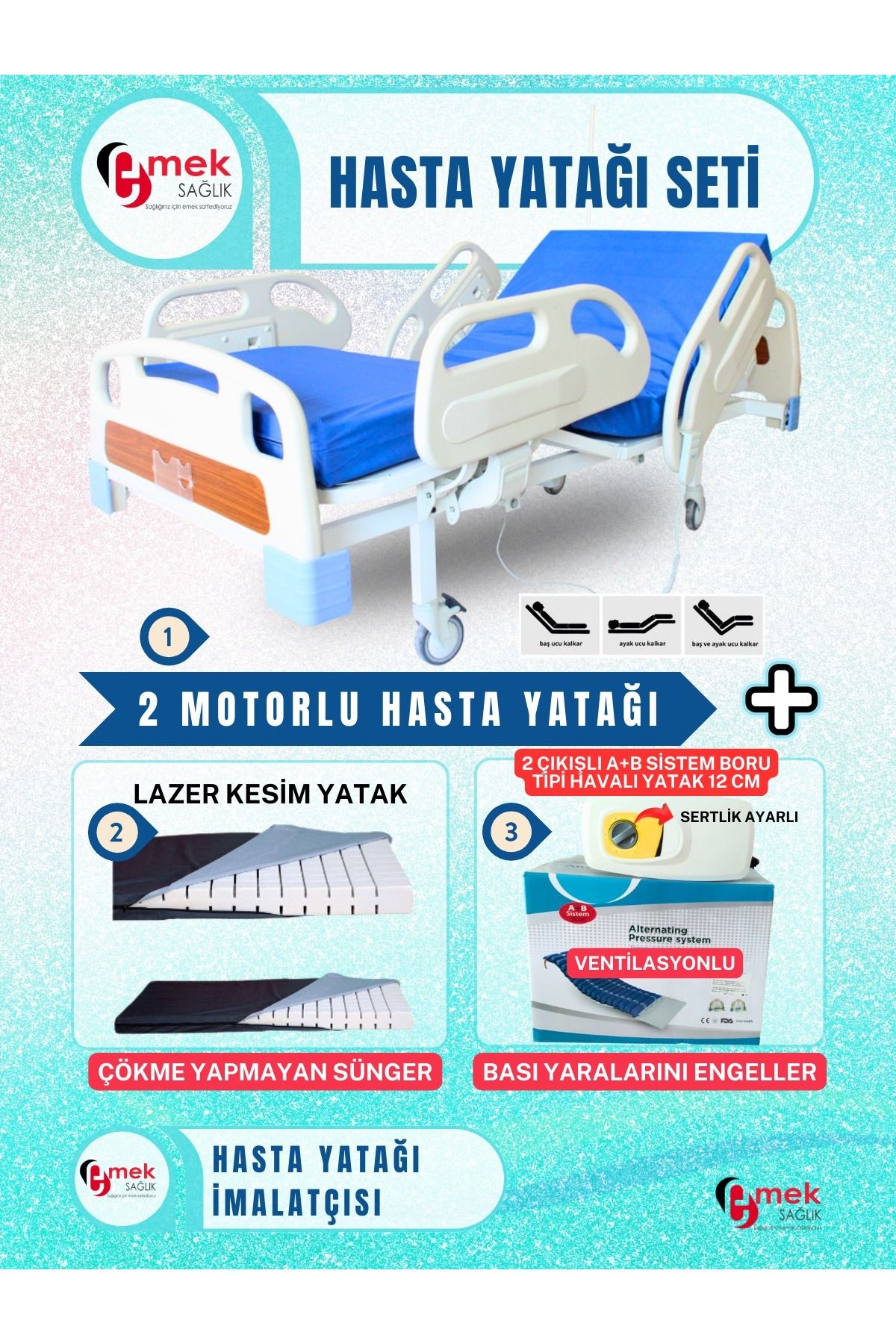 emek sağlık 2 Motorlu Full Abs Hasta Karyolası+Cnc Lazer Kesim Yatak+ A+B Sistemli 12 cm Boru Tipi Havalı Yatak