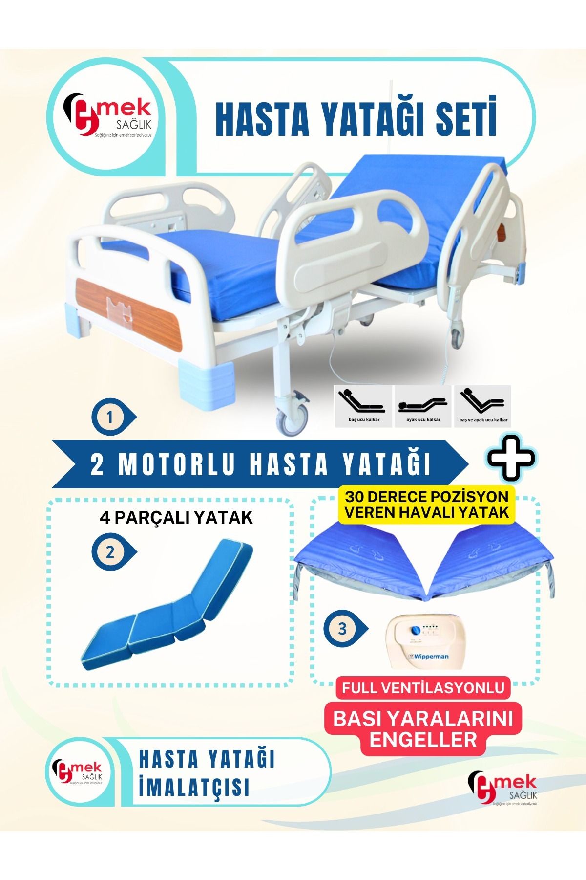 emek sağlık 2 Motorlu Full Abs Hasta Karyolası + 4 Parçalı Yatak + 30 Derece Pozisyon Veren Havalı Yatak