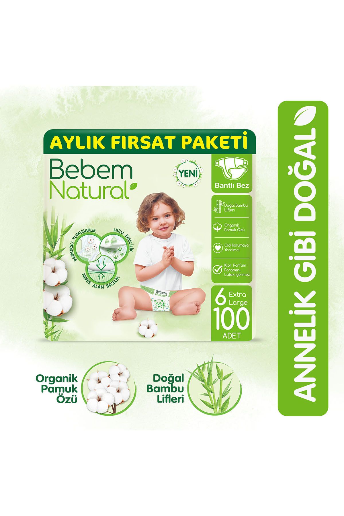 Bebem Natural Bebek Bezi 6 Beden Ekstra Large Aylık Fırsat Paketi 100 Adet