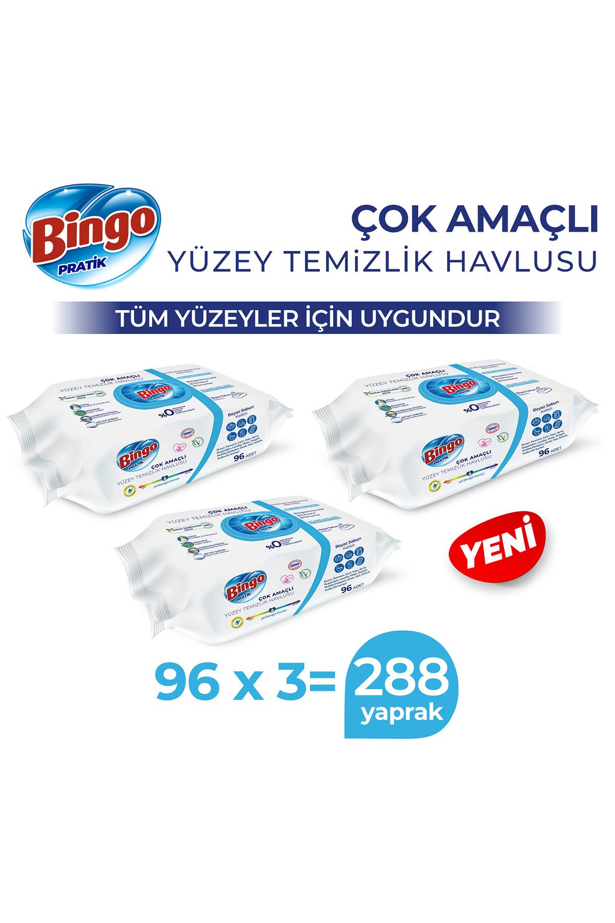 Bingo Pratik Yüzey Temizlik Havlusu Beyaz Sabun 96x3 (288 YAPRAK)