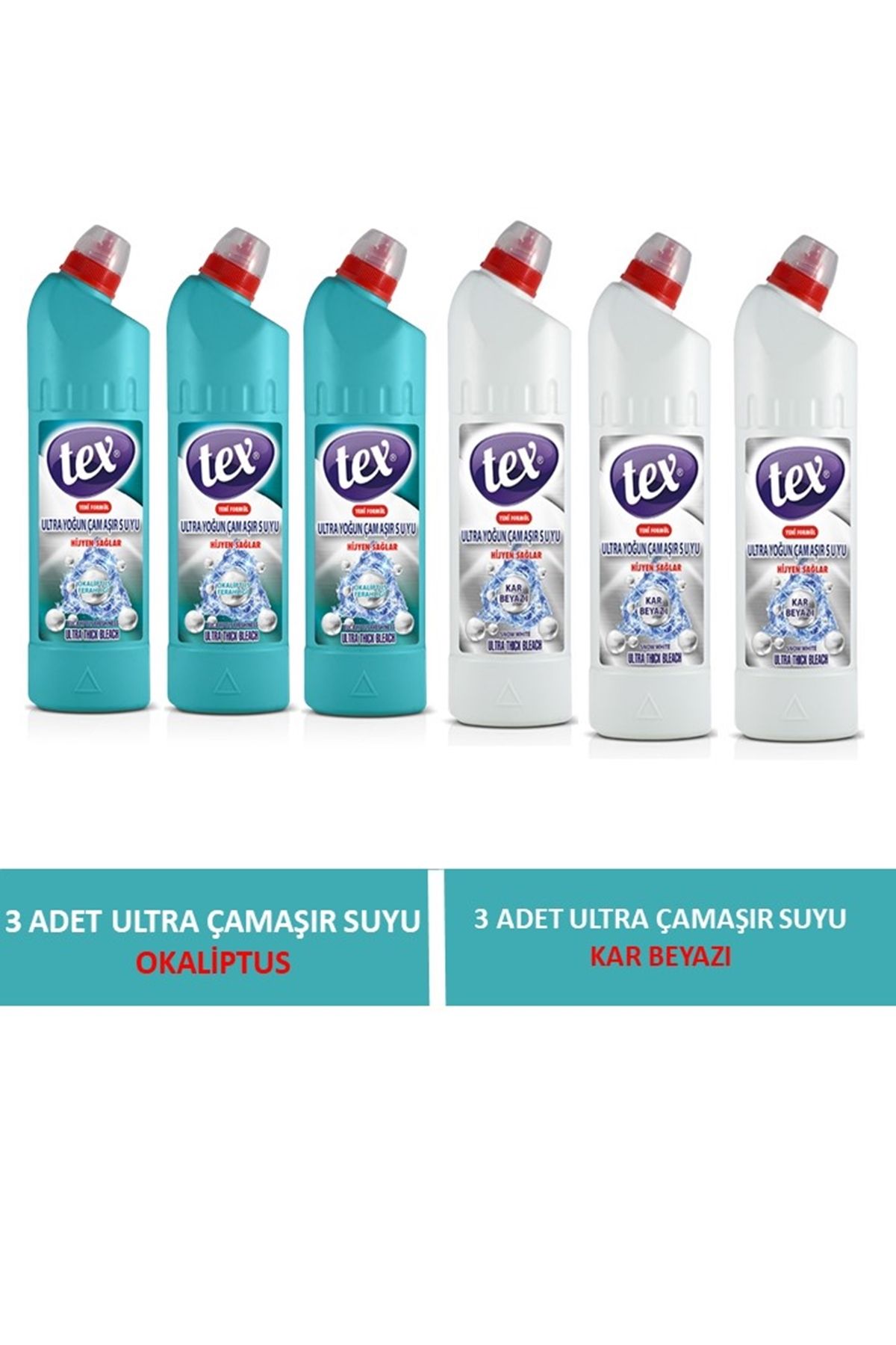 Tex Ultra Çamaşır Suyu 3 Adet Okaliptüs 750 Gr + 3 Adet Kar Beyaz 750 Gr , Toplam 6 Adet