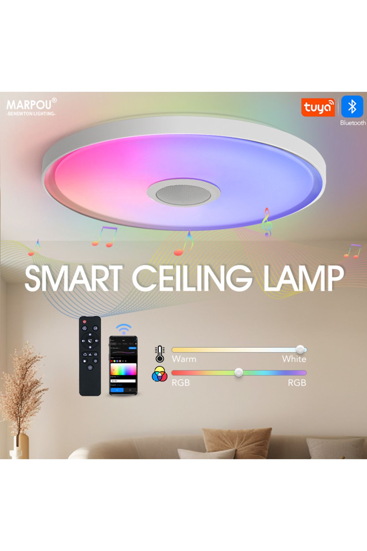 MARPOU-65W TUYA Smart APP Ceiling Lamp LED Music Light Speaker RGB Dimmer Remote Control Bluetooth WIFI ... 2