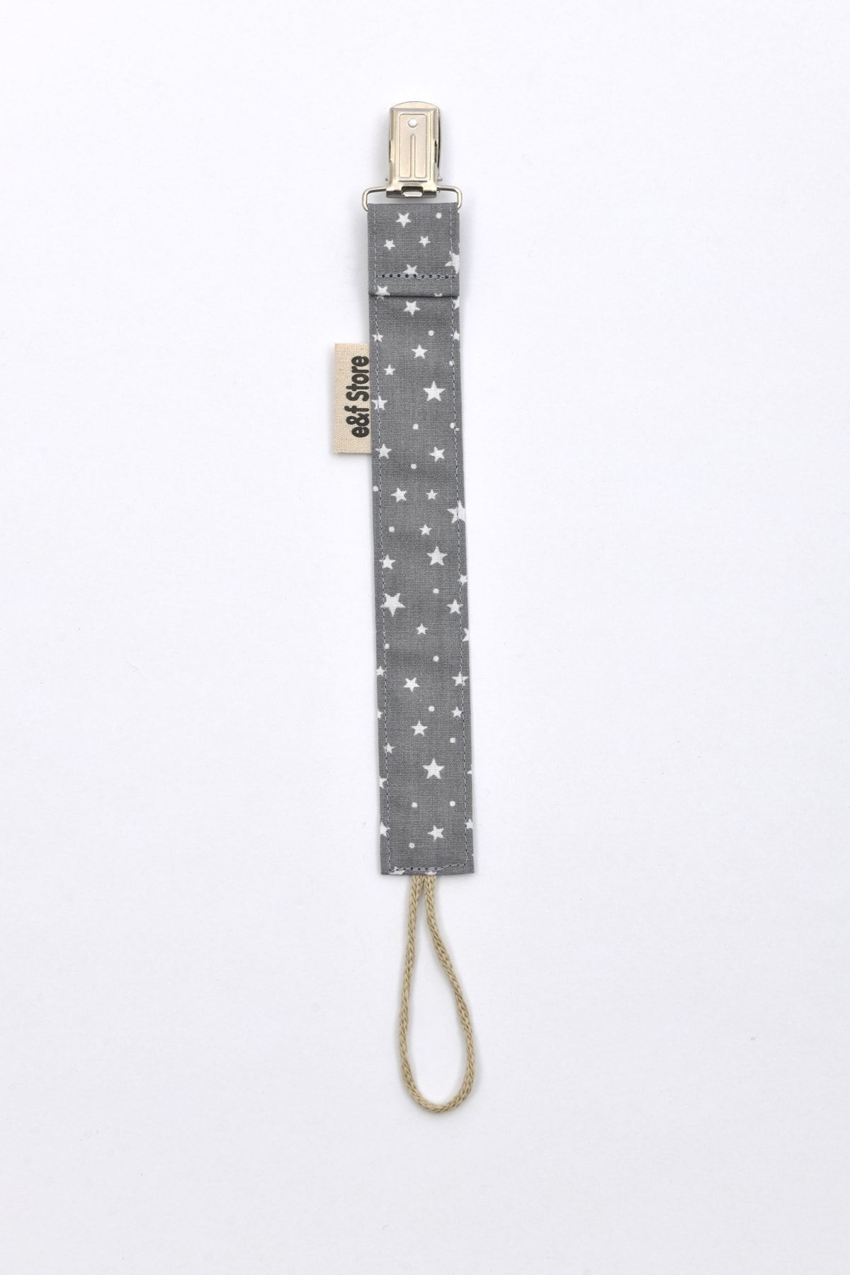 e&f Store Sertifikalı Pamuklu Emzik Askısı - Yıldız Desenli Gri - Bebek Emzik Zinciri fotoğrafı 3 (önizleme)