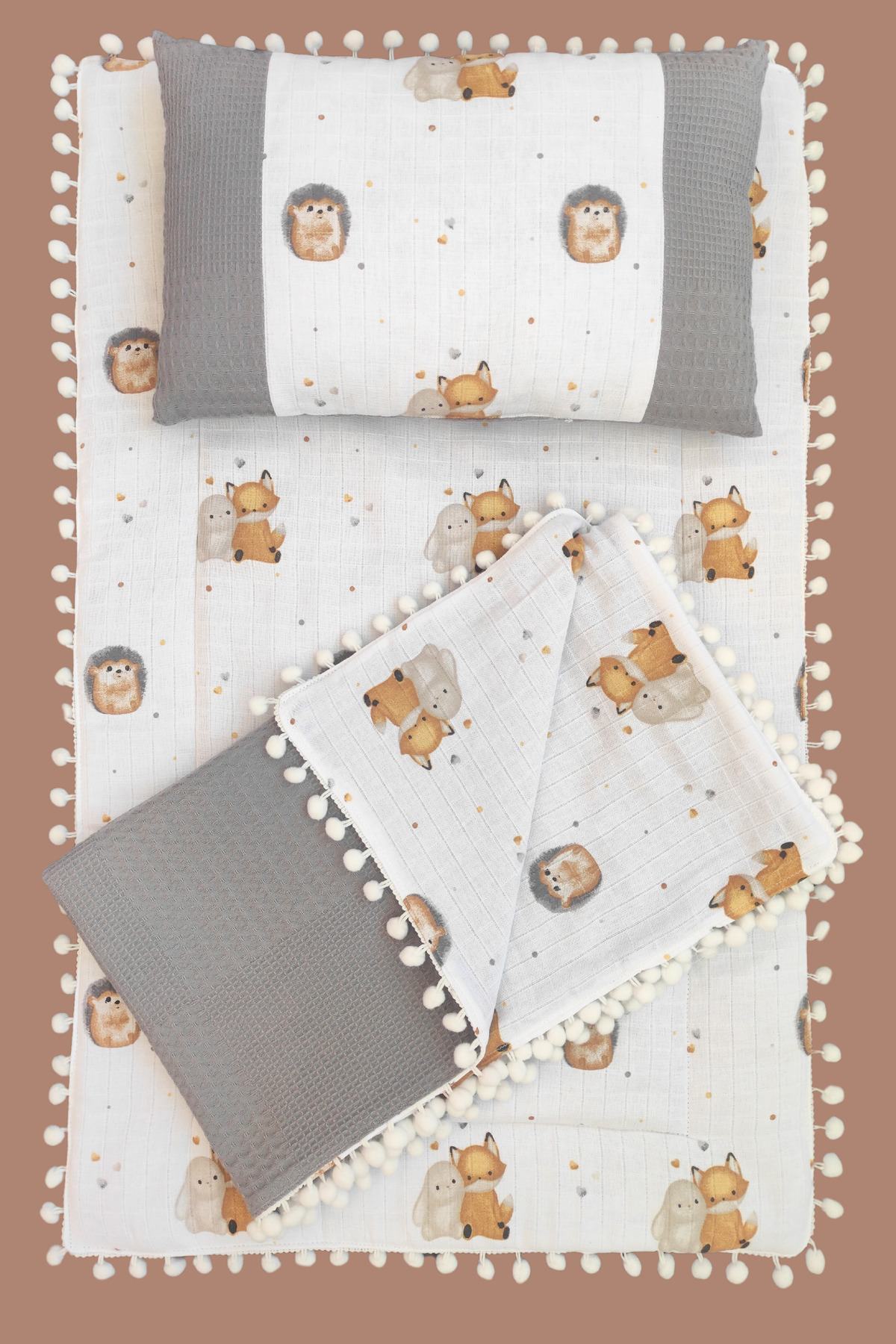Baby Diaper Set, Blanket, Cushion, Baby Pillow, Muslin and Waffle Pique Fabric