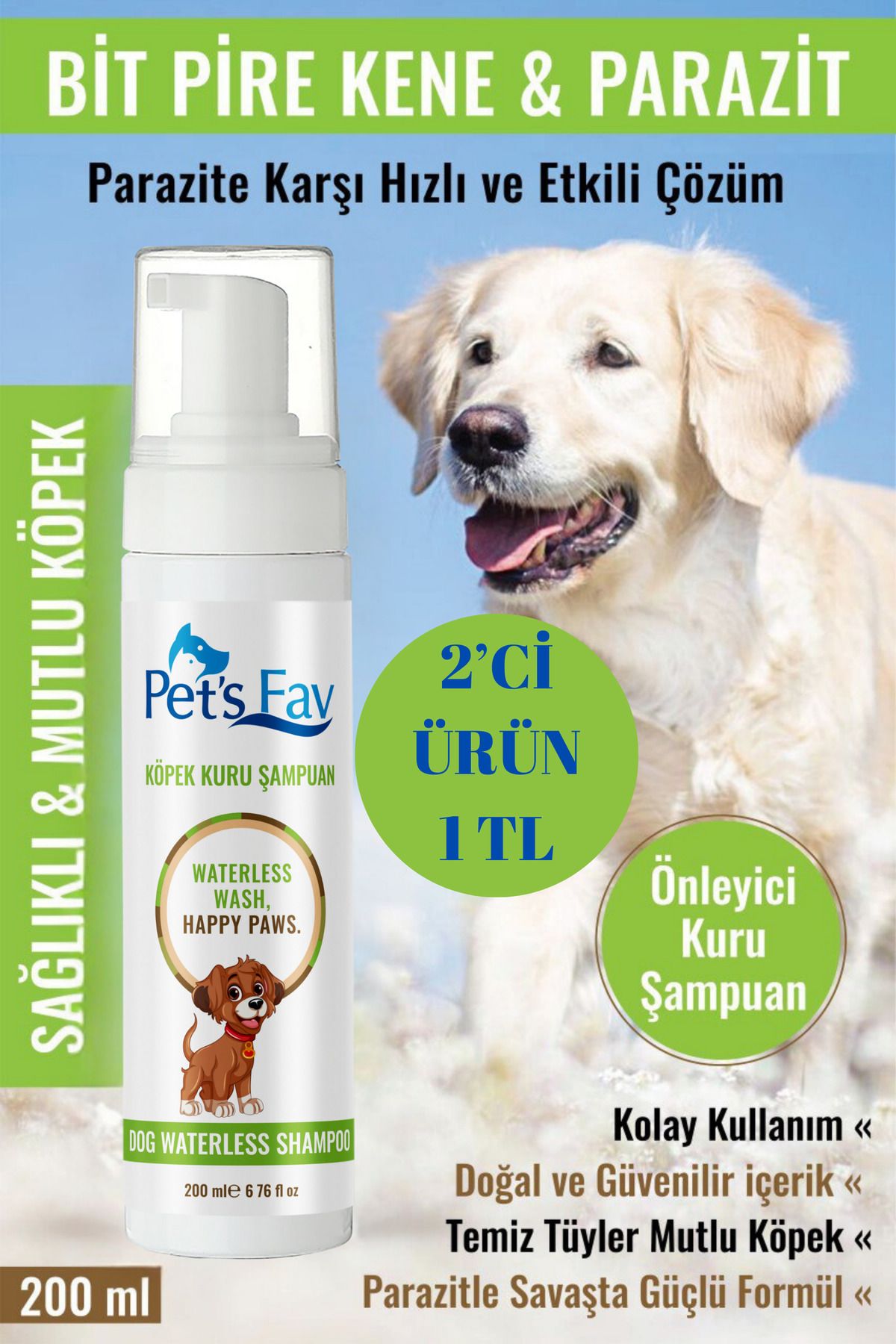 Pets Fav Köpek Bit Pire Kene ve Parazit Önleyici Kuru Köpük Şampuanı