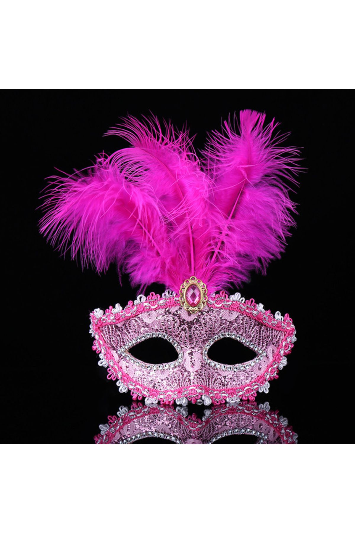 mudikonsept Pembe Dantel İşlemeli Pembe Tüylü Balo Parti Maskesi 17x20 cm (4767) - MDE4801-2831