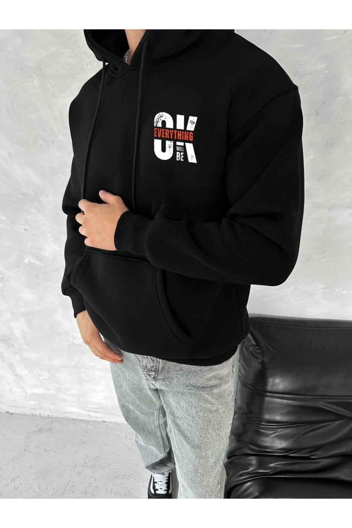 pilelistore Oversize Üç İplik Kapüşonlu SweatShirt - Siyah fotoğrafı 2 (önizleme)
