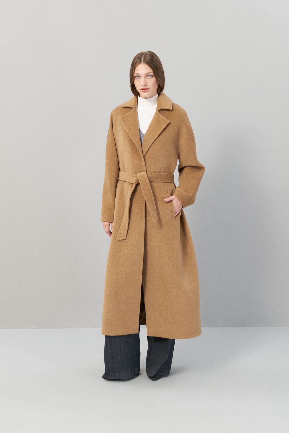 Roman-Tan Midi Length 100% Wool Coat - Tie Waist K 2519003 _022 3