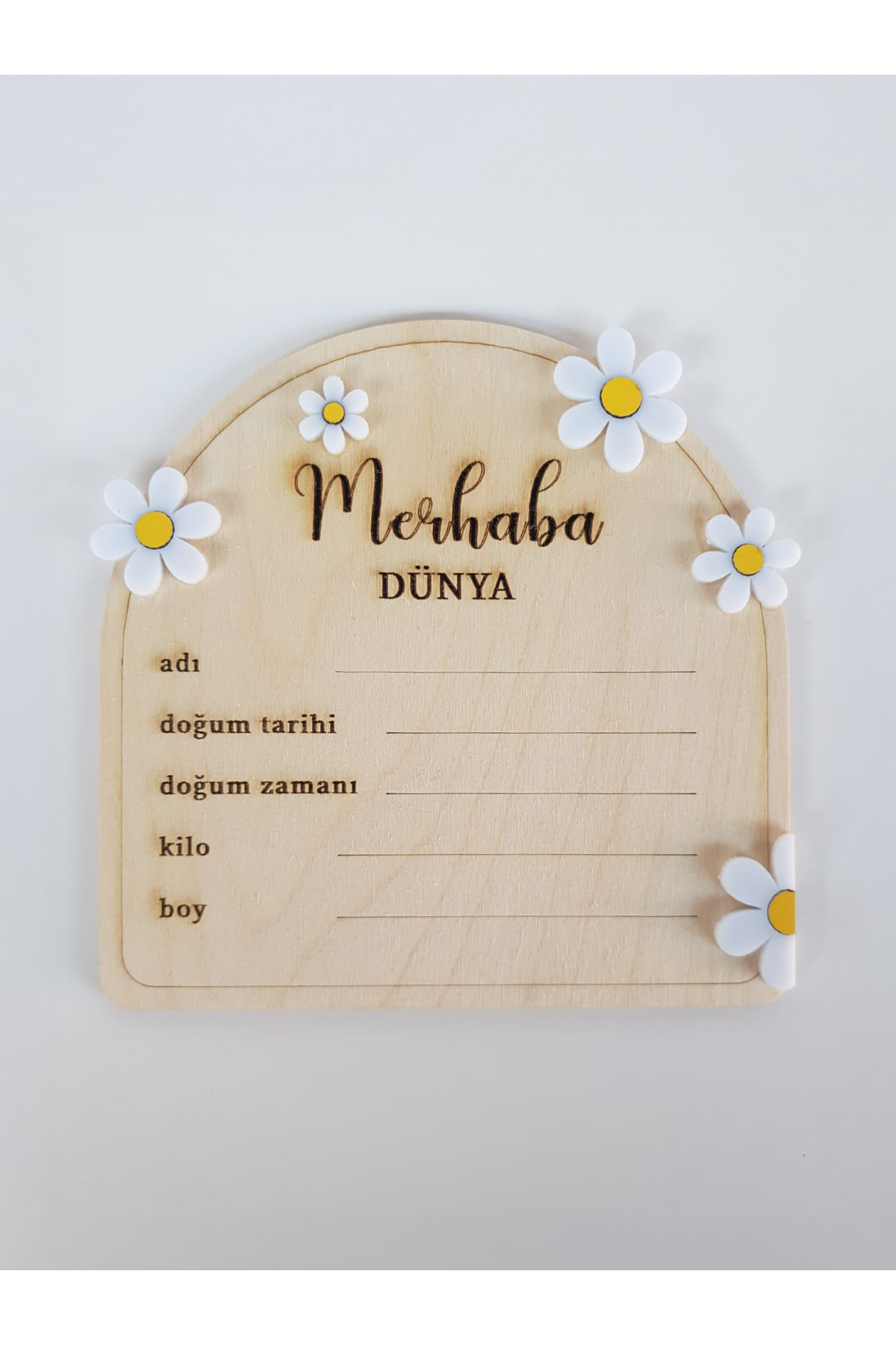 Home Bebek Merhaba Dünya Yeni Doğan Fotoğraf Çekimi Anı Kartı Doğal Ahşap ve Papatya Desenli fotoğrafı 2 (önizleme)