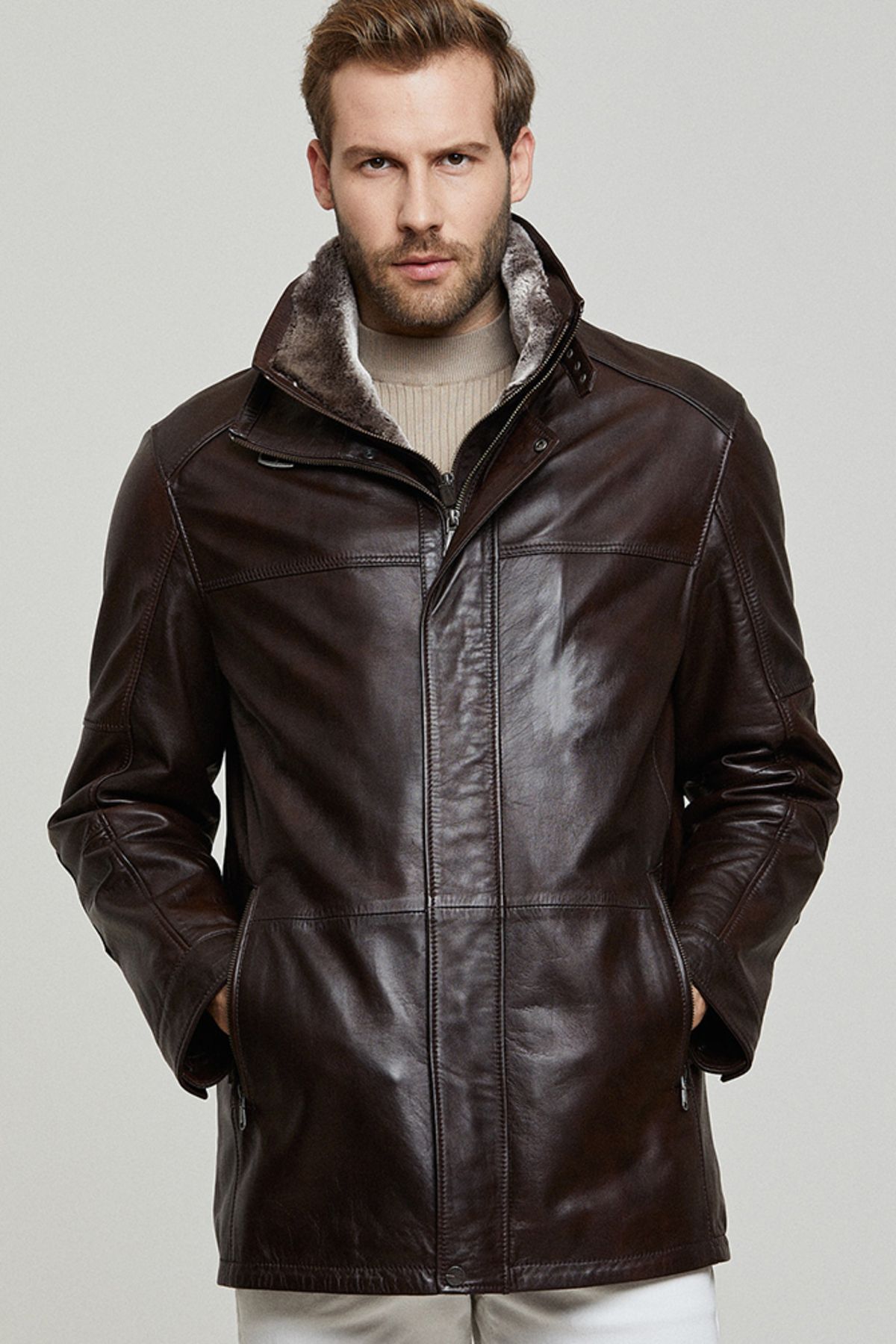 Derimod-Men's Brown Leather Coat - Eduardo 14wge610347 3