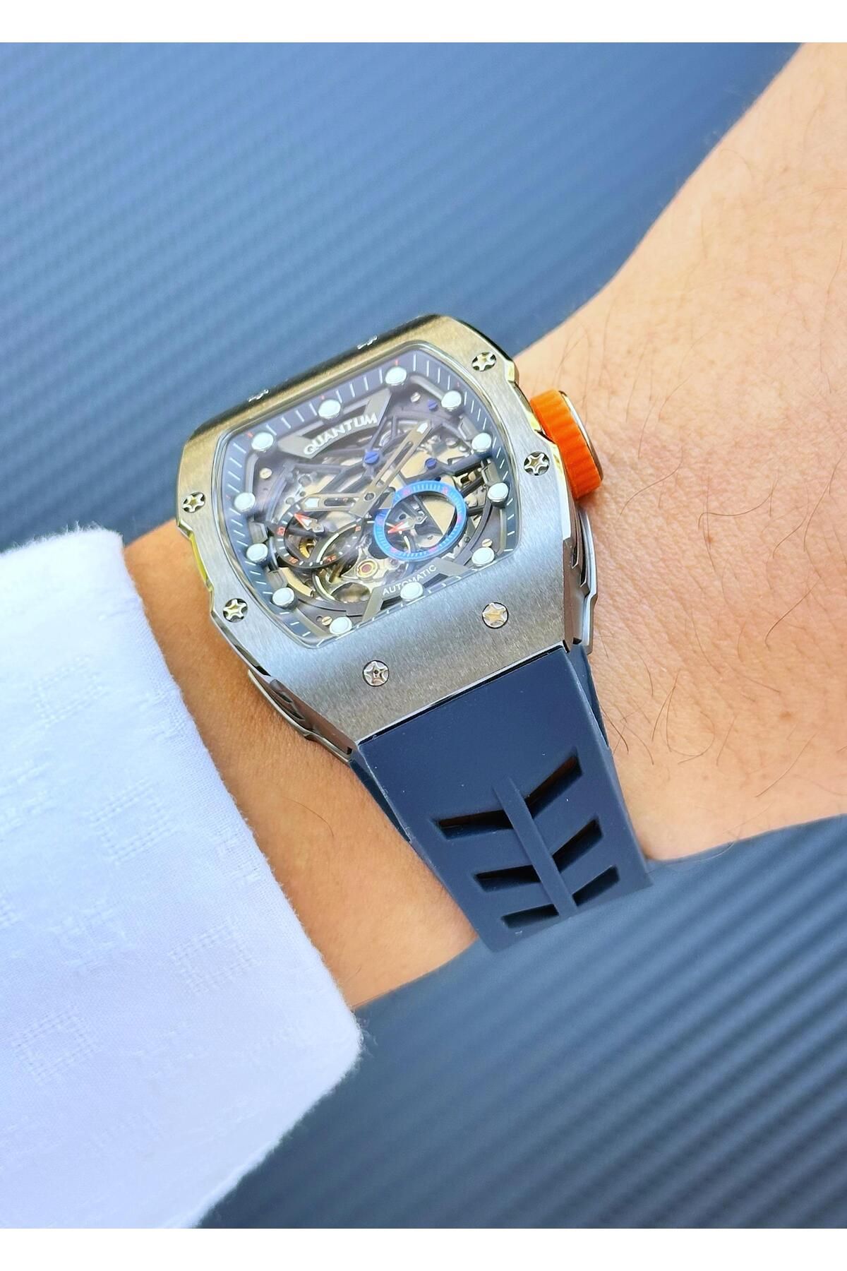 Quantum-Qmg1098.099 Automatic Mechanism Navy Blue Silicone Band Men Wrist Watch 3