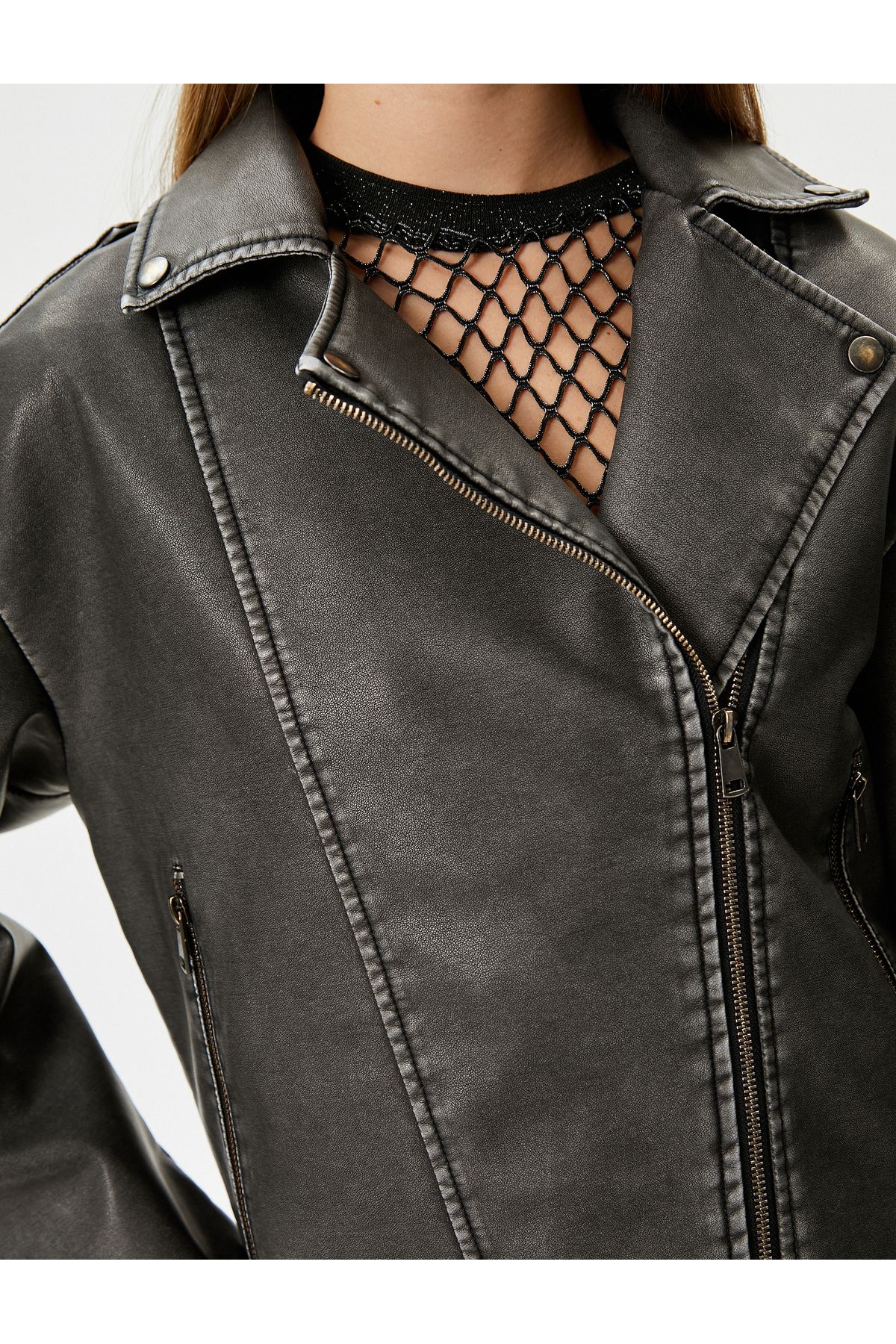 Koton-Double Breasted Cutout Biker Jacket - Distressed Faux Leather and Lacing Detail 7