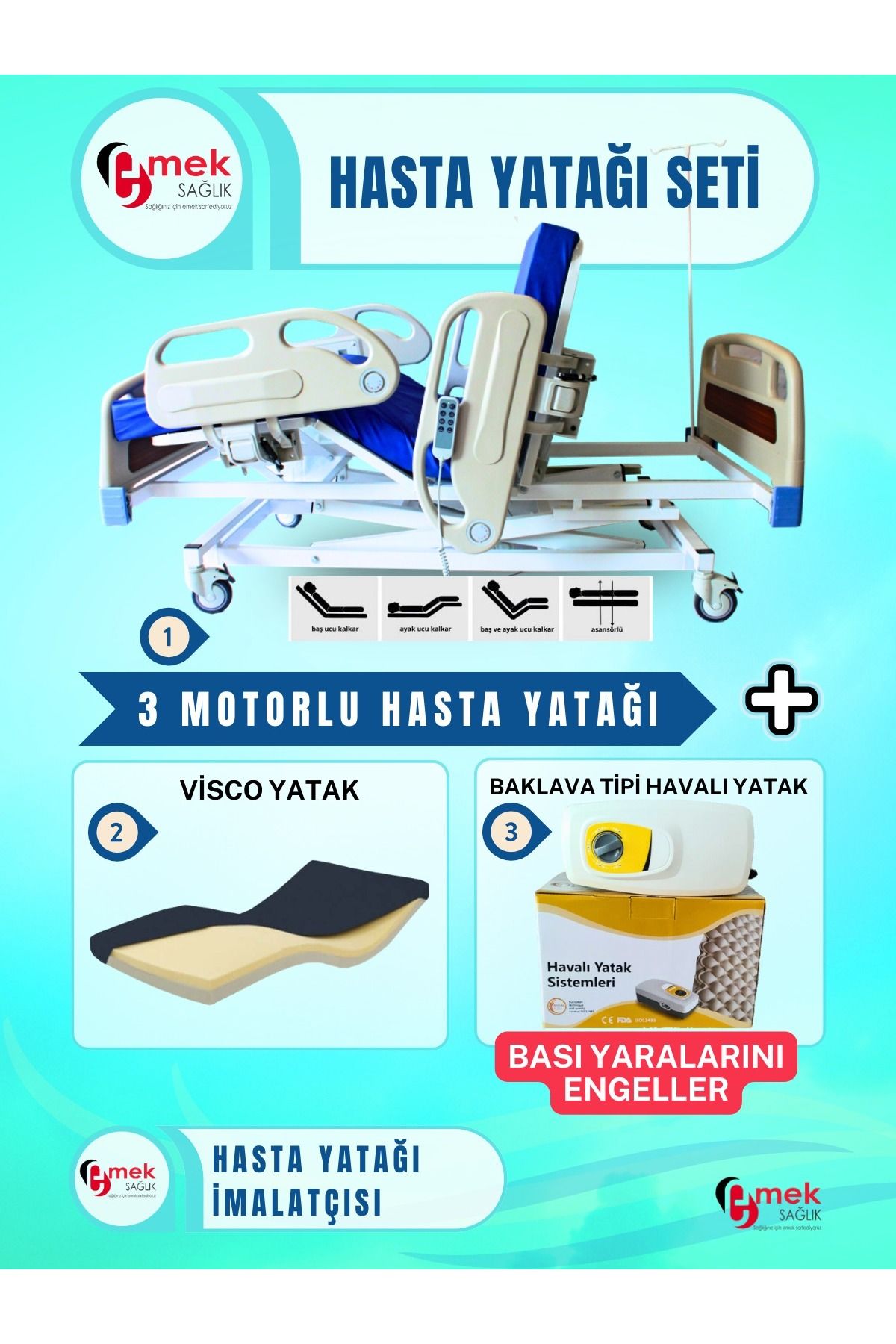 emek sağlık 3 Motorlu Full Abs Hasta Karyolası + Visco Yatak + Baklava Tipi Havalı Yatak Takım